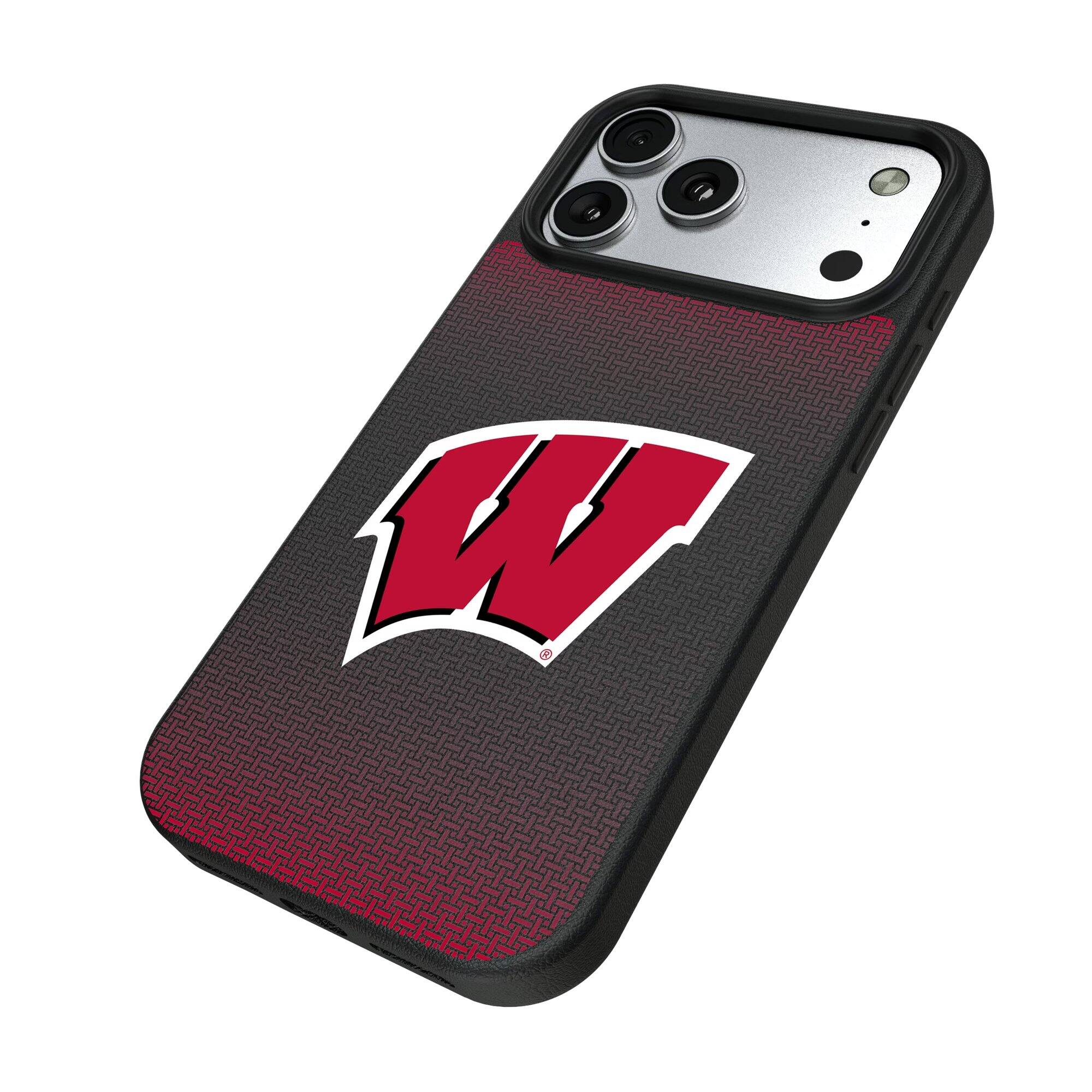Alt View 1. Keyscaper - Wisconsin Badgers Linen Logo iPhone Magnetic Bump Case - 15 Plus - Black.