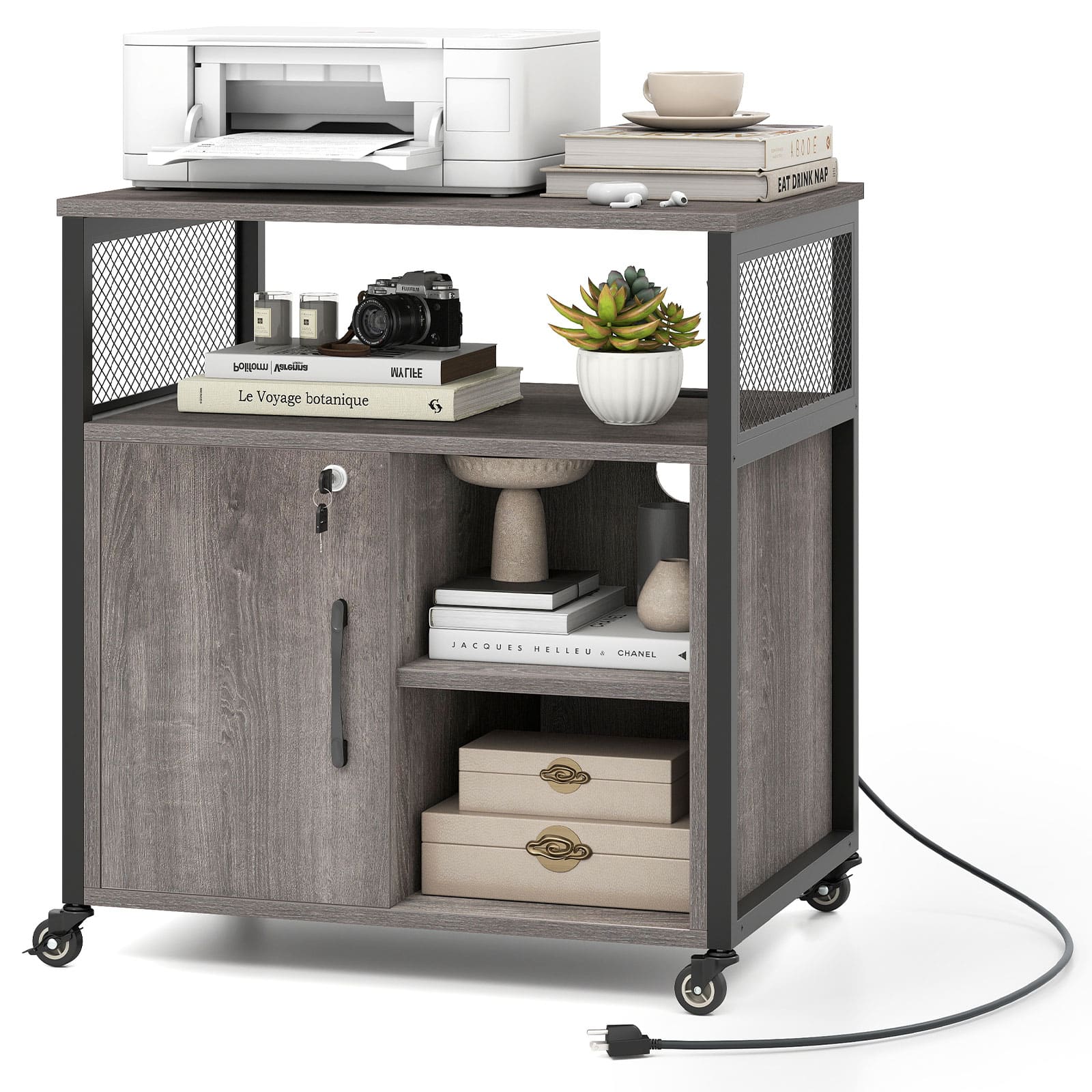 Costway - File Cabinet on Wheels with Charging Station & Cable Management Hole Shelves - Gray