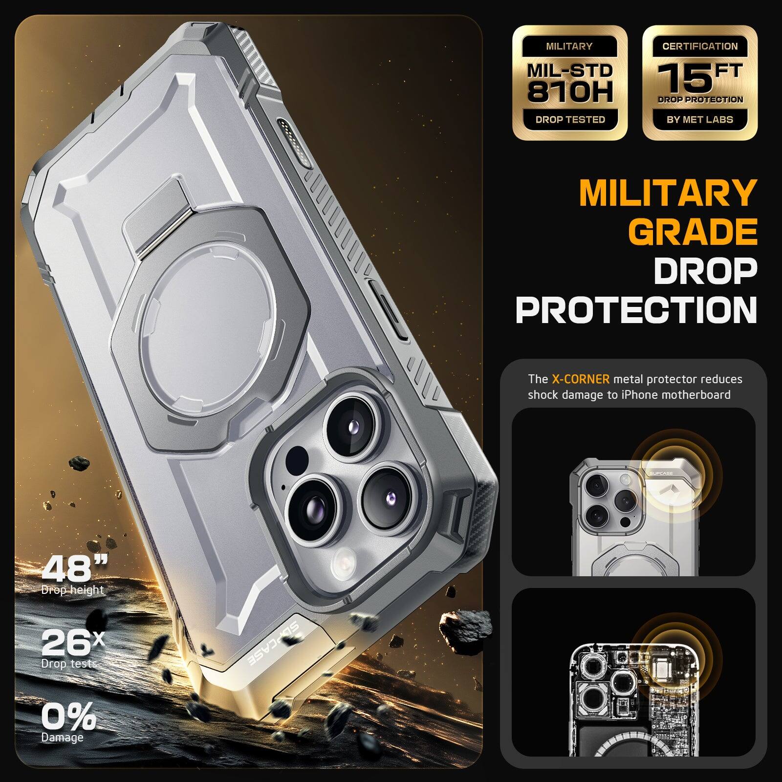 MILITARY MIL-STD 810H DROP TESTED
CERTIFICATION 15 FT DROP PROTECTION BY MET LABS
MILITARY GRADE DROP PROTECTION
The X-CORNER metal protector reduces shock damage to iPhone motherboard
48" Drop-height
26x Drop tests
0% Damage
SEPCASE