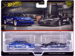Hot Wheels - 1994 Nissan Primera RHD (Right Hand Drive) #68 Blue and Nissan R390 GT1 #23 Matt Black "Car Culture" Set of 2 Cars - Blue, Matt Black