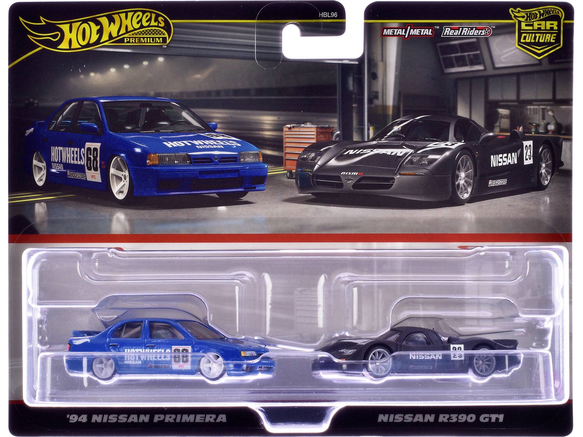 HOT WHEELS PREMIUM  
HBL96  
METAL METAL/METAL METAL  
Real Riders™  
CAR CULTURE  

'94 NISSAN PRIMERA  
NISSAN R390 GT1  

HOT WHEELS 68  
NISSAN  
HOT WHEELS  
NISSAN  
23  
nismo  
HOT WHEELS  
NISSAN  
23  
nismo