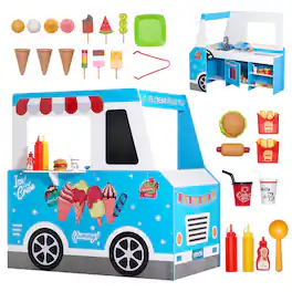 VEVOR - Ice Cream Cart for Kids, 20+ PCS Ice Cream Truck Wooden Playset, Pretend Play Stand with Steering Wheel & Chalkboard - White, Blue