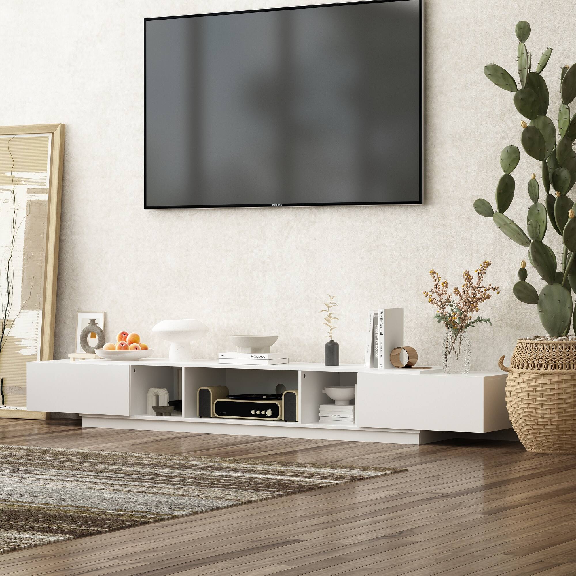 Back. FUFU & GAGA - TV Stand for Upto 75 Inch TV – Modern Minimalist Media Console with Drawers & Open Storage for Living Room - White.