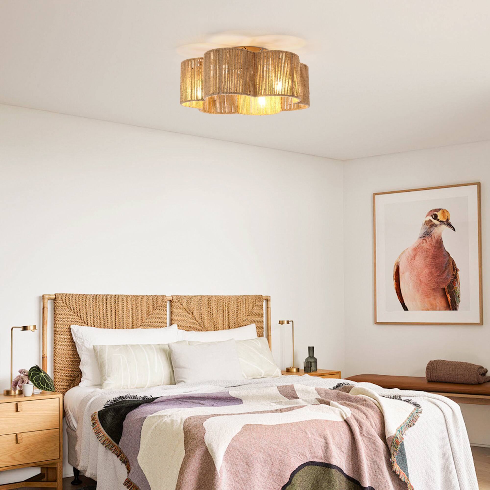 Back. Parrot Uncle - 21" Boho Chic Natural Rope Smart Ceiling Fan Flush Mount with Remote and App - Gold.