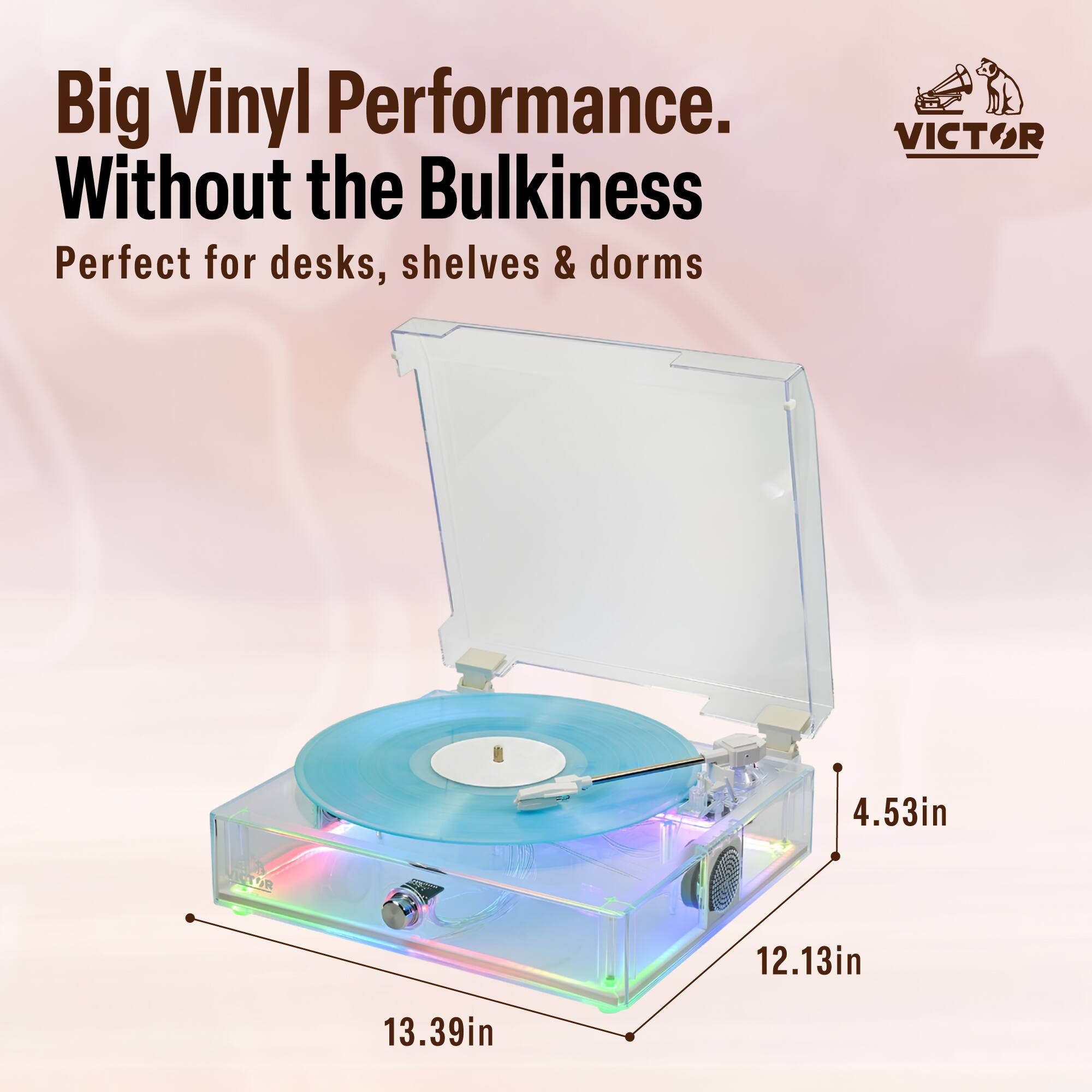 Big Vinyl Performance.  
Without the Bulkiness  
Perfect for desks, shelves & dorms  

4.53in  
12.13in  
13.39in