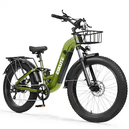 Eskute - 26" Step-Thru Fat Tire Electric Bike, 1500W Peak Motor, 80-Mile Range, Full Suspension, with front Basket - Green
