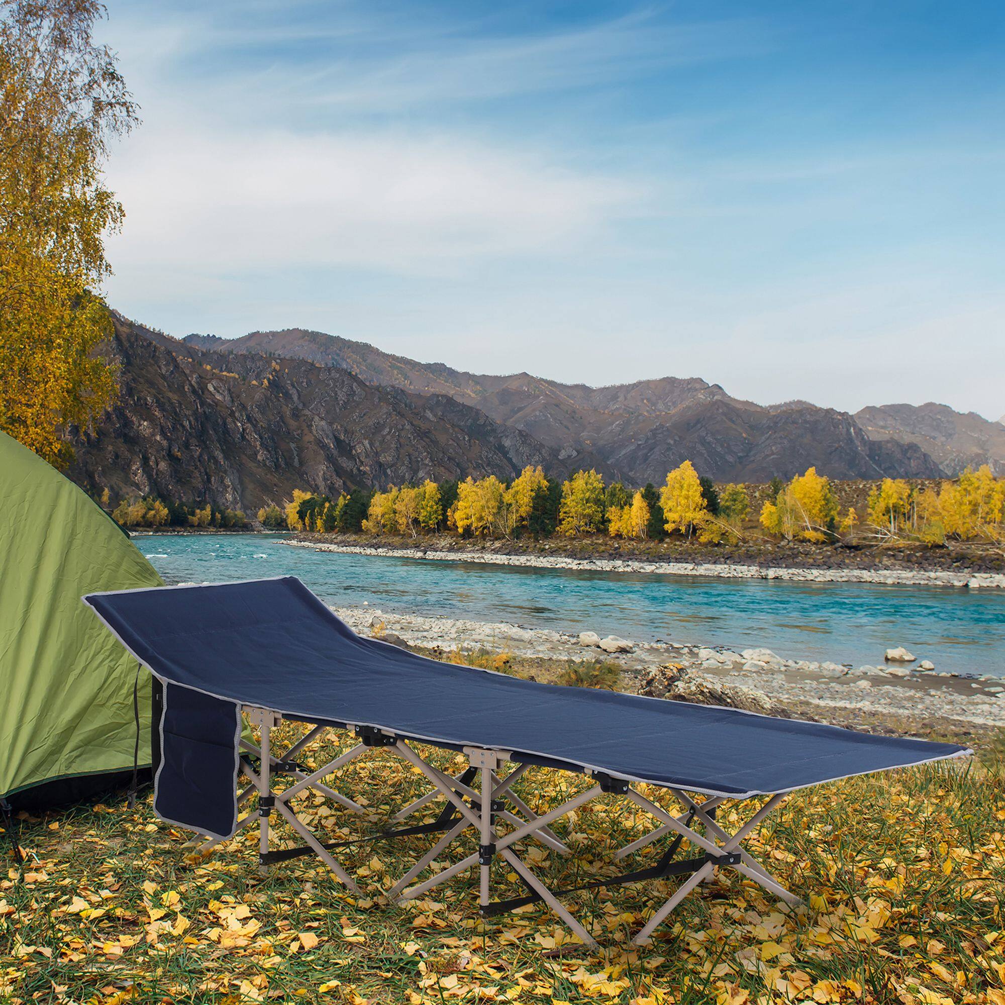 Alt View 1. Outsunny - Camping Cots for Adults with Carry Bag, Side Pocket, Outdoor Portable Sleeping Bed - Blue.