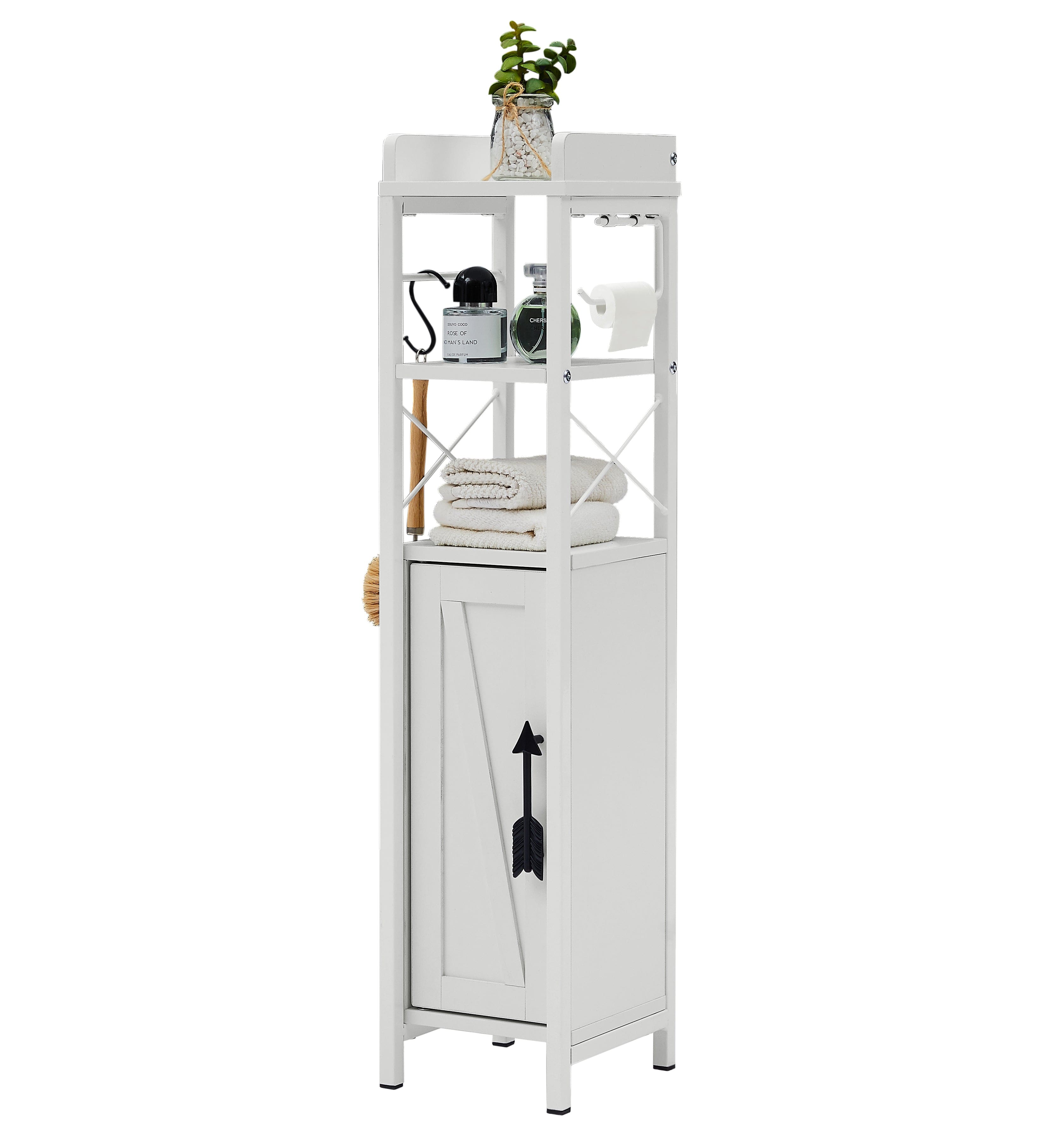 Vecelo - 4-in-1 Bathroom Storage Cabinet with Toilet Paper Holder - Slim Toilet Organizer, Towel Rack & Enclosed Storage - White