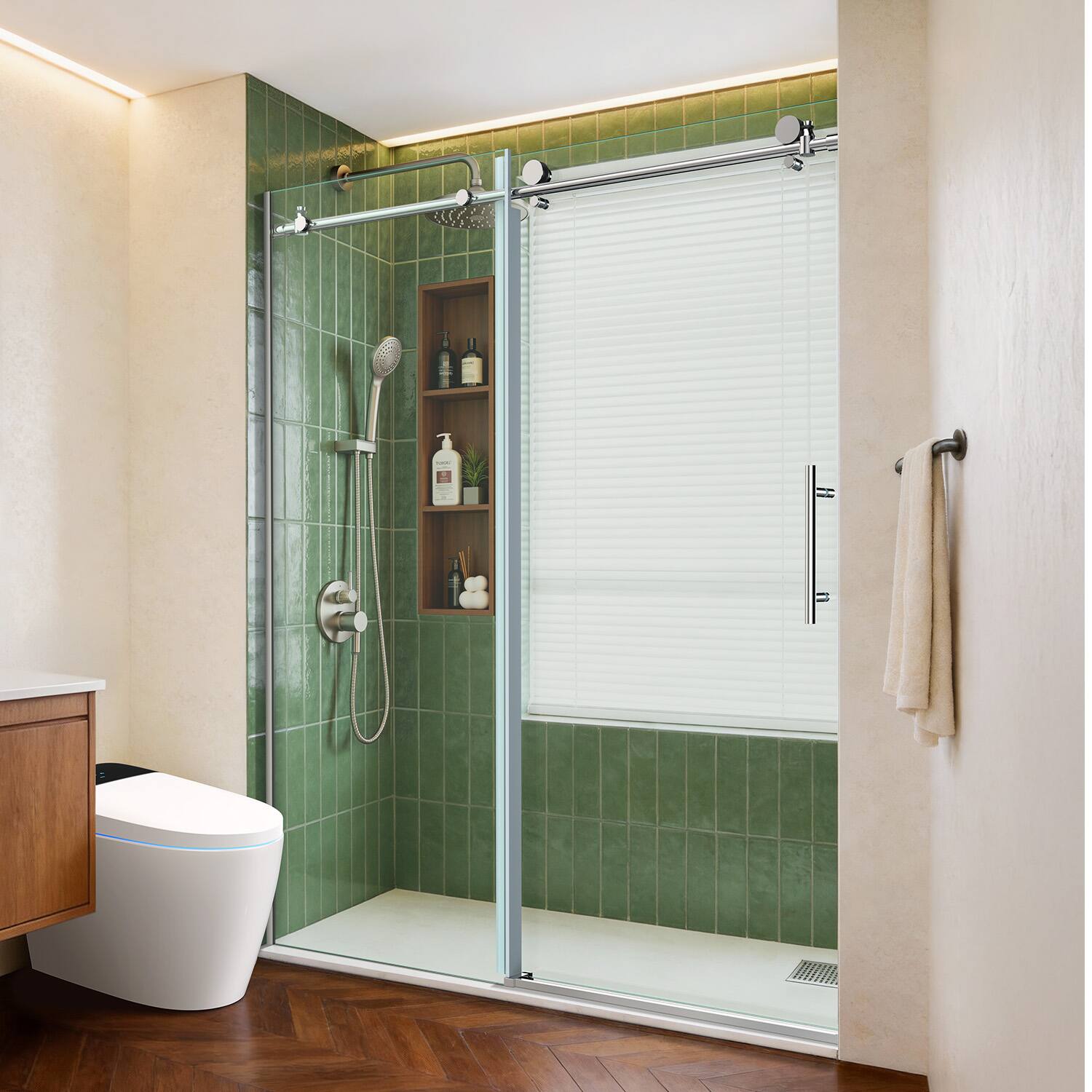 Angle. Koligey - 56-60"W x 76"H Semi-Frameless Sliding Shower Door-10mmTempered Glass|Stainless SteelAnti-Rust Hardware - sliver.