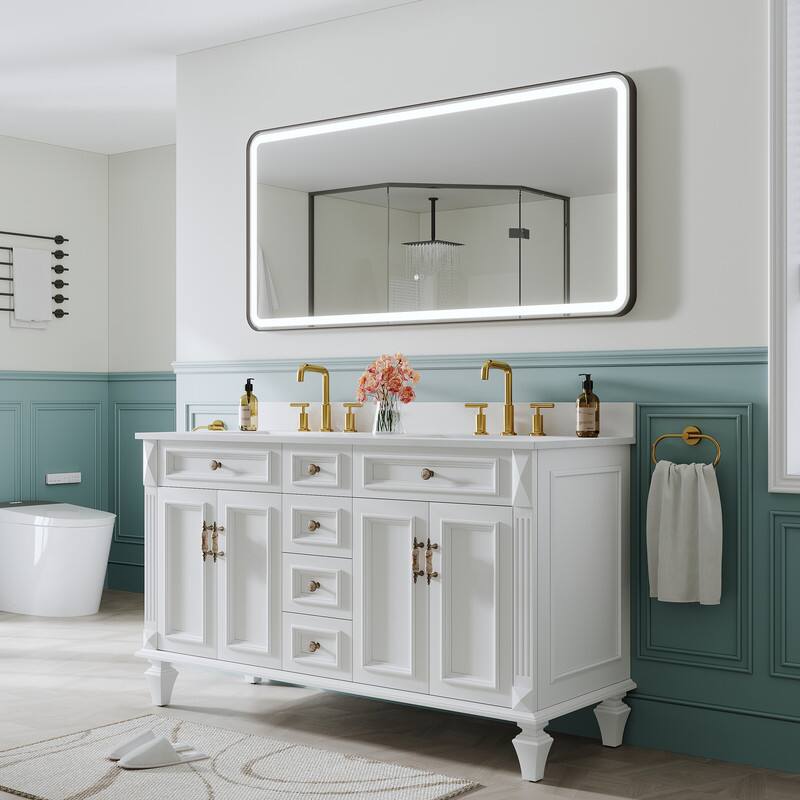 Angle. WELLFOR - 60 in. W x 28 in. H Anti-Fog LED Bathroom Mirror, Wall Bathroom Vanity Mirror with Framed Round Corner - Matte Black.