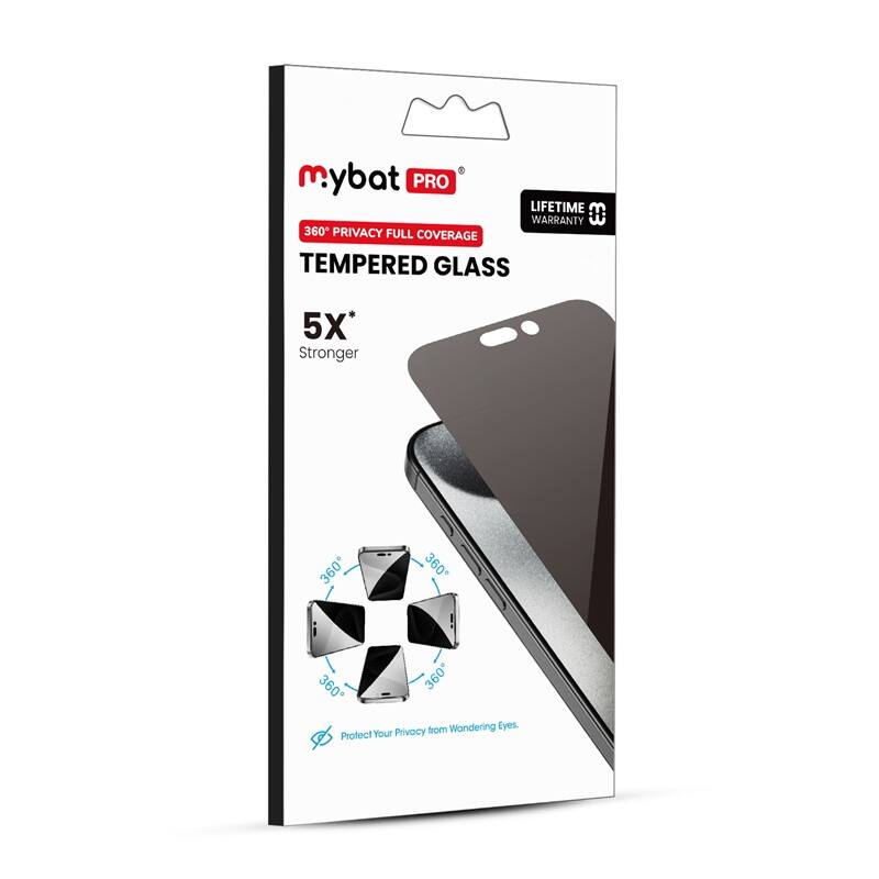 mybat PRO, LIFETIME WARRANTY, 360° PRIVACY FULL COVERAGE TEMPERED GLASS, 5X Stronger, 360° 360° 360° 360° Wondering Eyes. Protect Your Privacy
