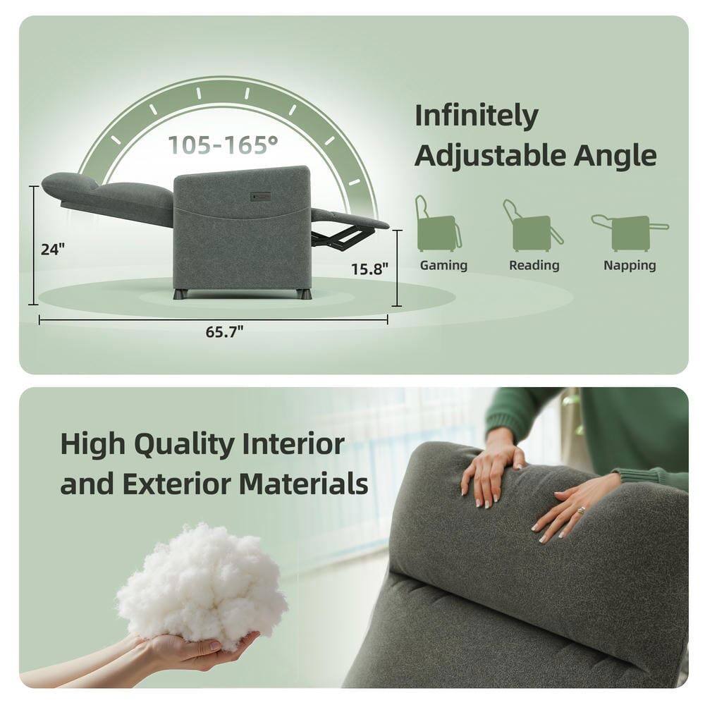 105-165° Infinitely Adjustable Angle  
24" 15.8" Gaming Reading Napping  
65.7" High Quality Interior and Exterior Materials