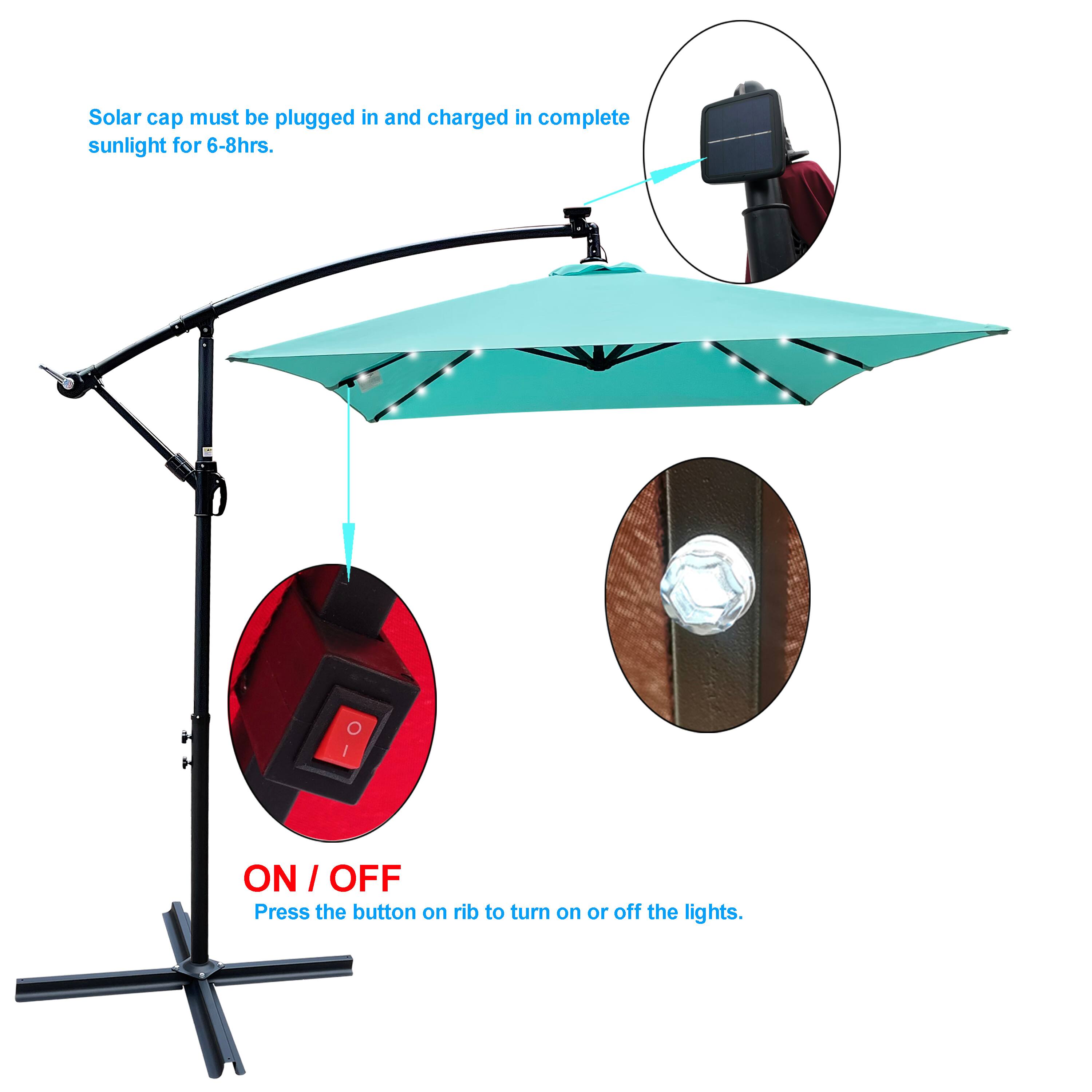 Solar cap must be plugged in and charged in complete sunlight for 6-8hrs.  
ON / OFF  
Press the button on rib to turn on or off the lights.