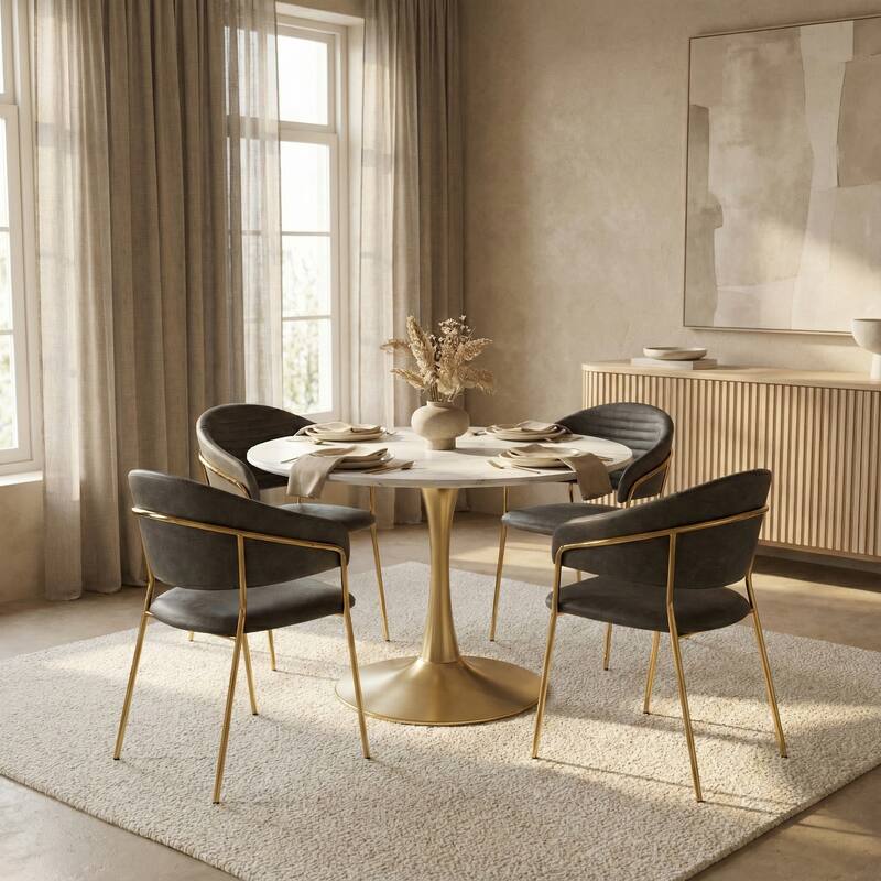 Angle. LeisureMod - Bristol 40" Round Modern Dining Table, Sintered Stone/MDF Top - Minimalist Pedestal Base with Floor Protection - Beveled - Marbled White.