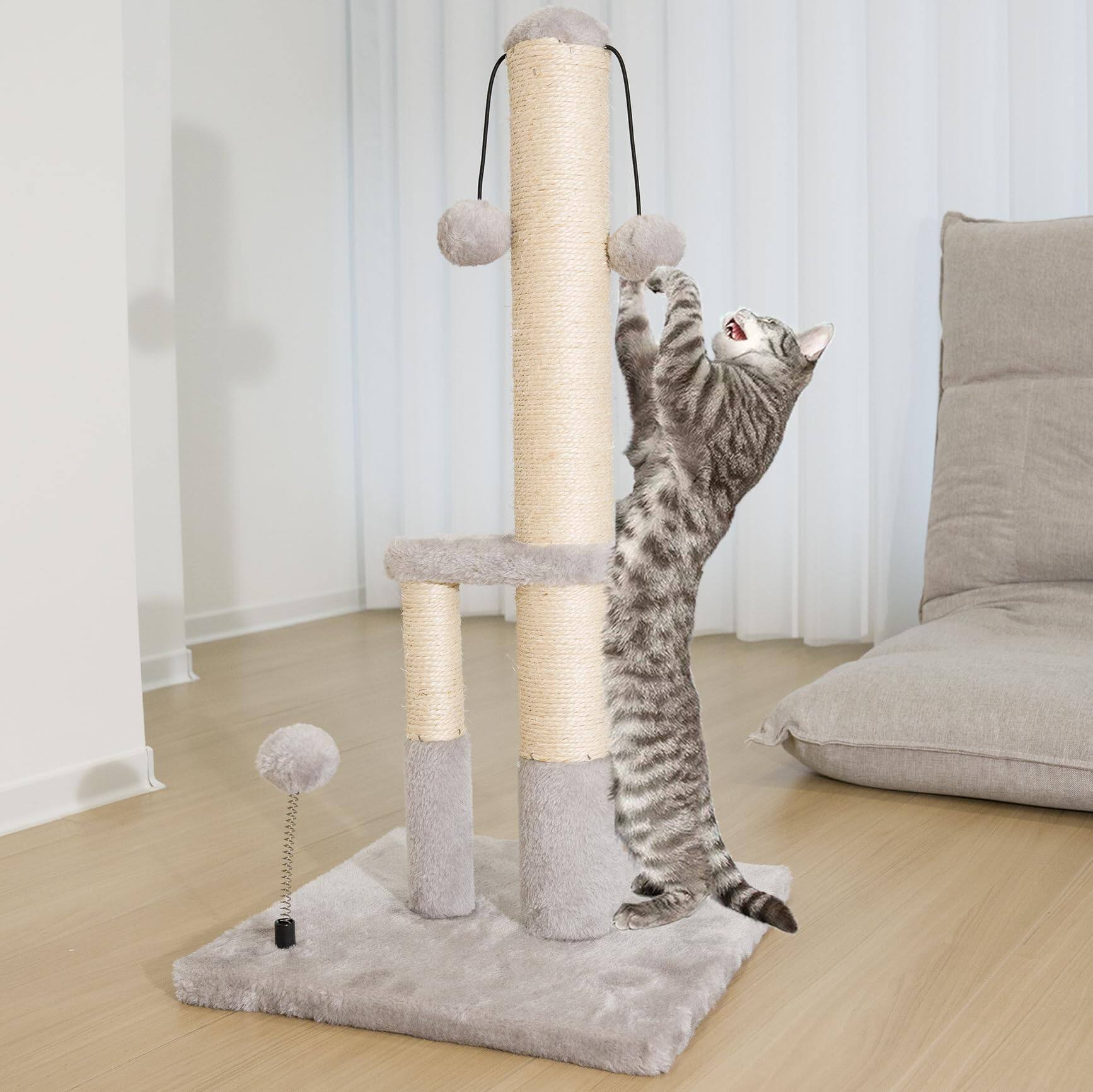 Alt View 2. Hirose Alice - Tall Cat Double Lower Posts Extra Stable Tree Scratcher With Sisal Rope And Teasing 4 Balls Total Base - Grey.