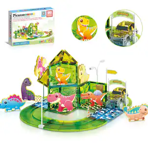 PicassoTiles - PICASSO-TILES Race Track Magnetic Tiles for Kids, 89PCS with 2 Racing Cars, Dinosaur Theme STEM Building Blocks Toy - Multicolor