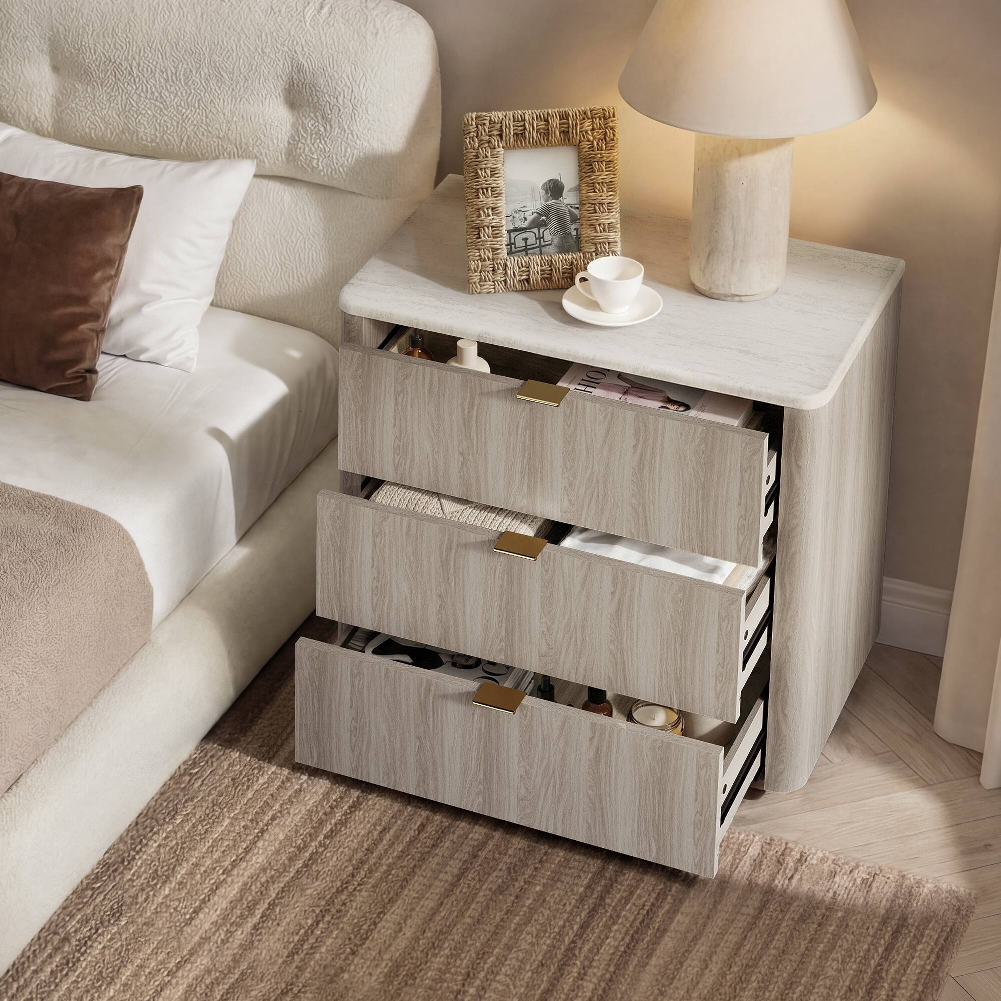 Angle. ModernMate - 31.5"W 3 Drawers Dresser Modern Faux Travertine Dresser Chest for Bedroom Living Room - Natural Grey.