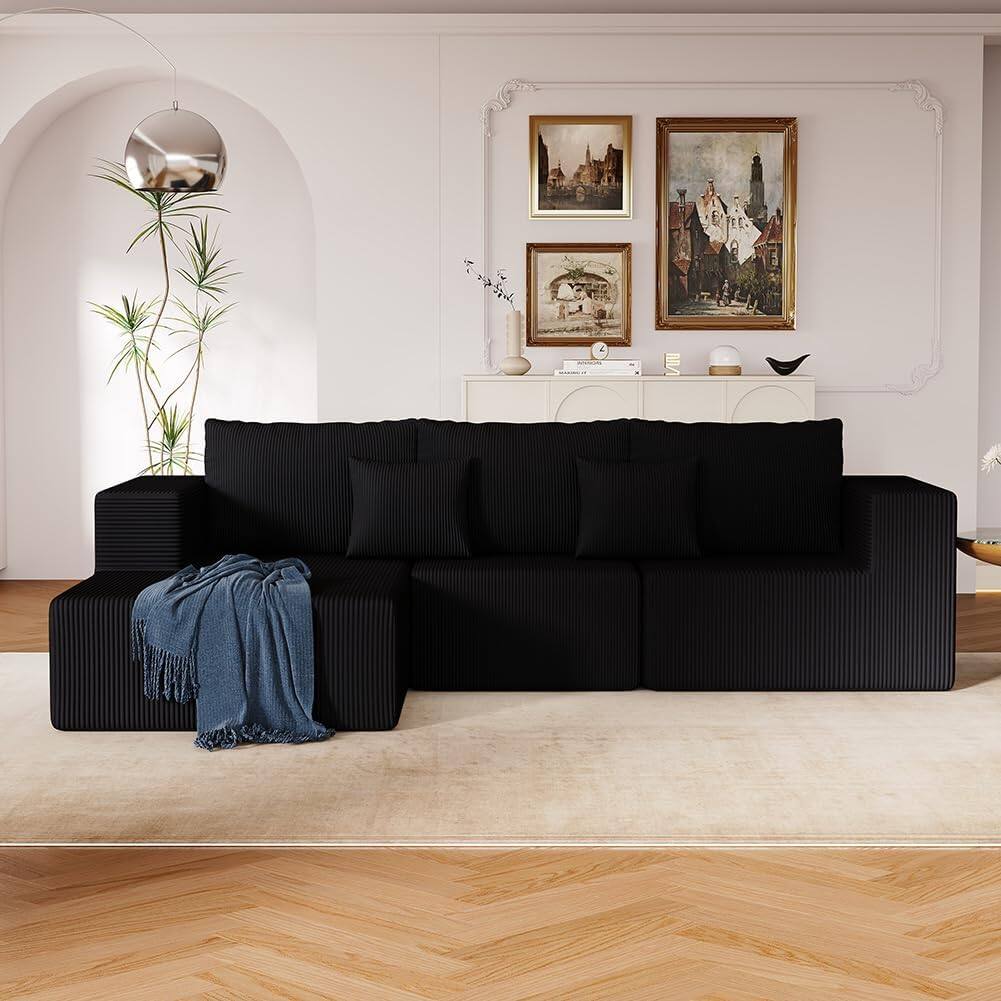 Alt View 2. Trinkets Crazed - 108.3in Sectional Foam Couch, Corduroy Fabric L Shape Sofa with Chaise Lounge - black.