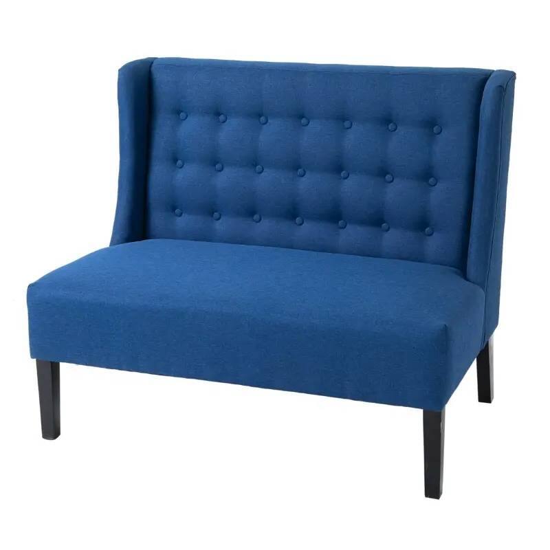 Front. Hivvago - Scandinavian 2 Seater Button Tufted Loveseat Wooden Legs Blue Linen - Blue.