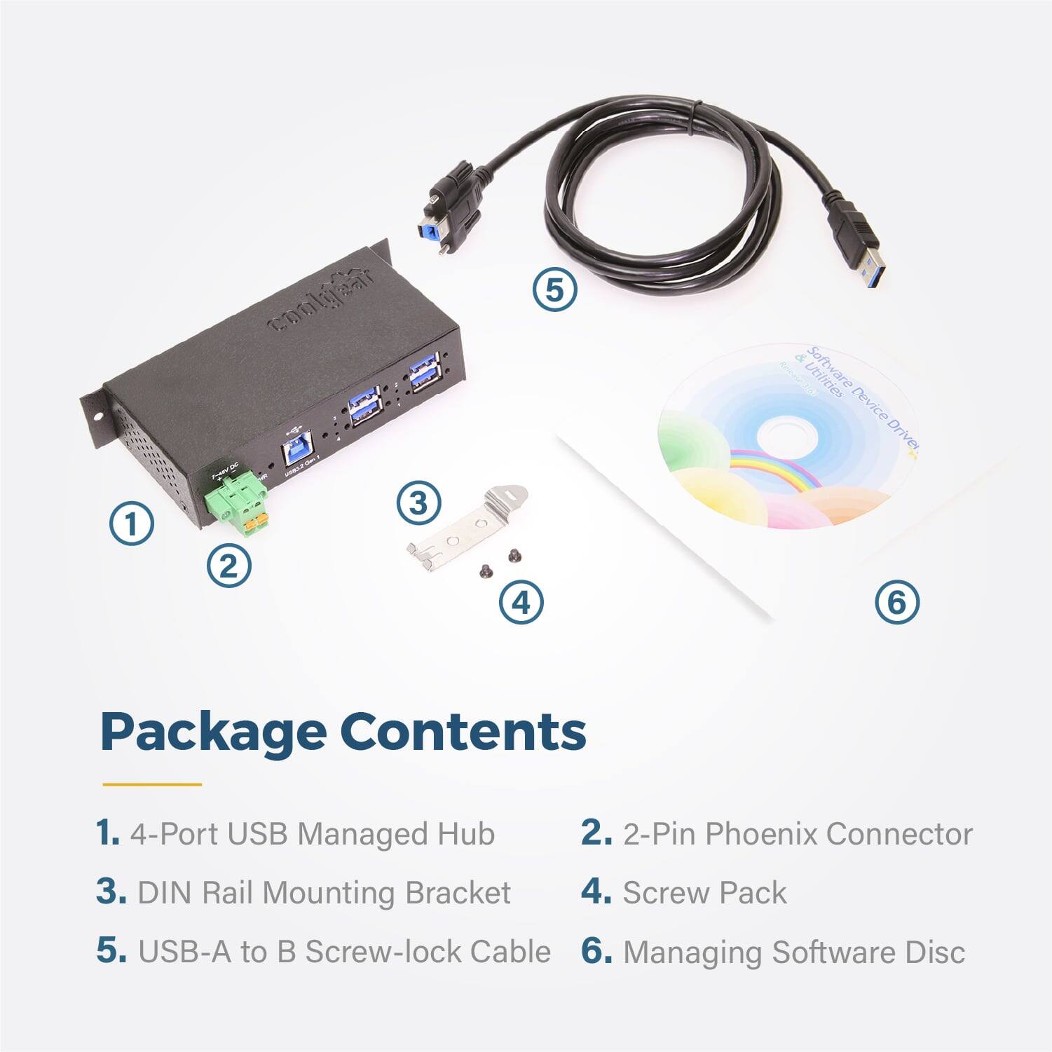 1. 4-Port USB Managed Hub  
2. 2-Pin Phoenix Connector  
3. DIN Rail Mounting Bracket  
4. Screw Pack  
5. USB-A to B Screw-lock Cable  
6. Managing Software Disc