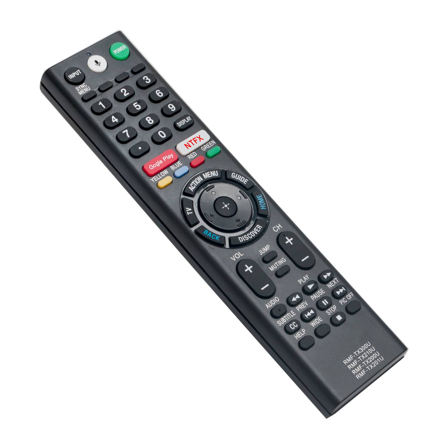 POWER INPUT 3 SYNC MENU 2 6 1 5 9 4 8 DISPLAY 7 0 NTFX GREEN Play RED Gogle BLUE YELLOW MENU GUIDE ACTION HOME TV CH BACK DISCOVER + JUMP VOL - + MUTING PLAY N - NEXT PAUSE D 44 OFF AUDIO I PIC PREV STOP SUBTITLE 144 CC WIDE HELP TX300U RMF-TX210U RMF-TX201U TX200U RMF