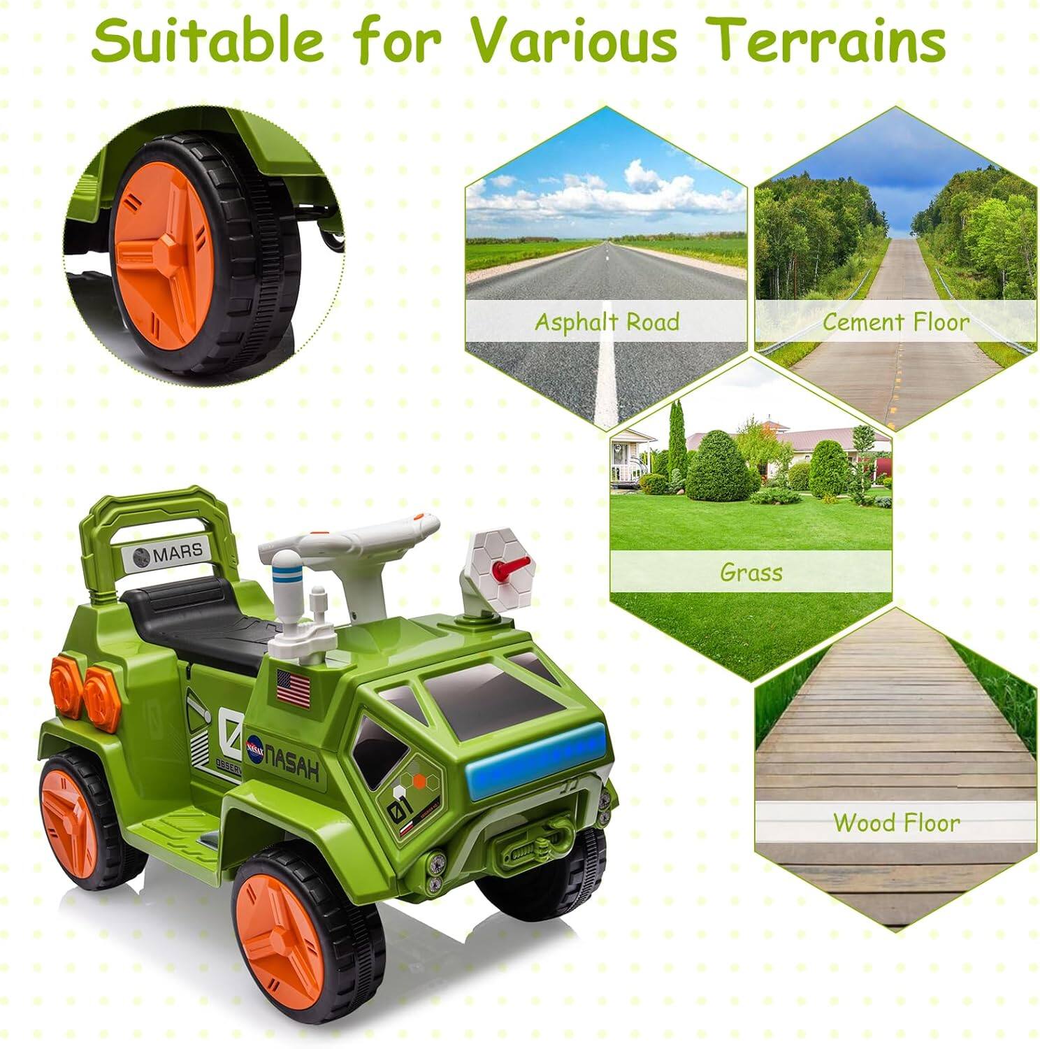 Suitable for Various Terrains  
- Asphalt Road  
- Cement Floor  
- Grass  
- Wood Floor