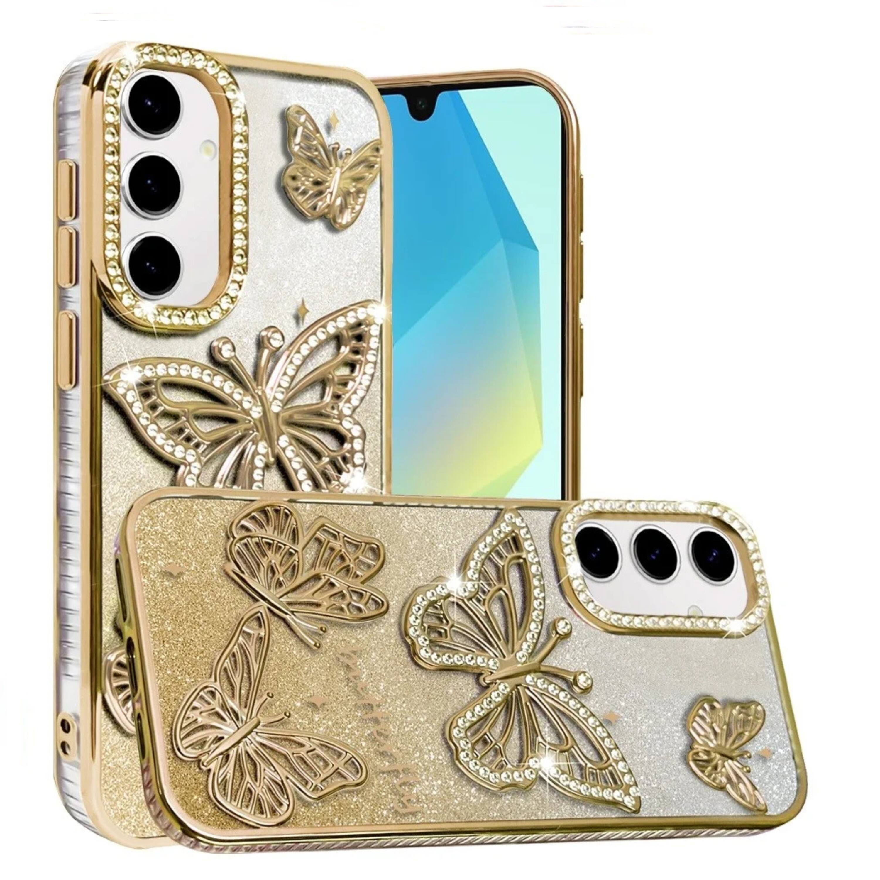 Front. Kitcheniva - Bling Butterfly 3D Glitter Rhinestone Phone Case With Tempered Glass For Samsung Galaxy A16 5G Gold - Gold.