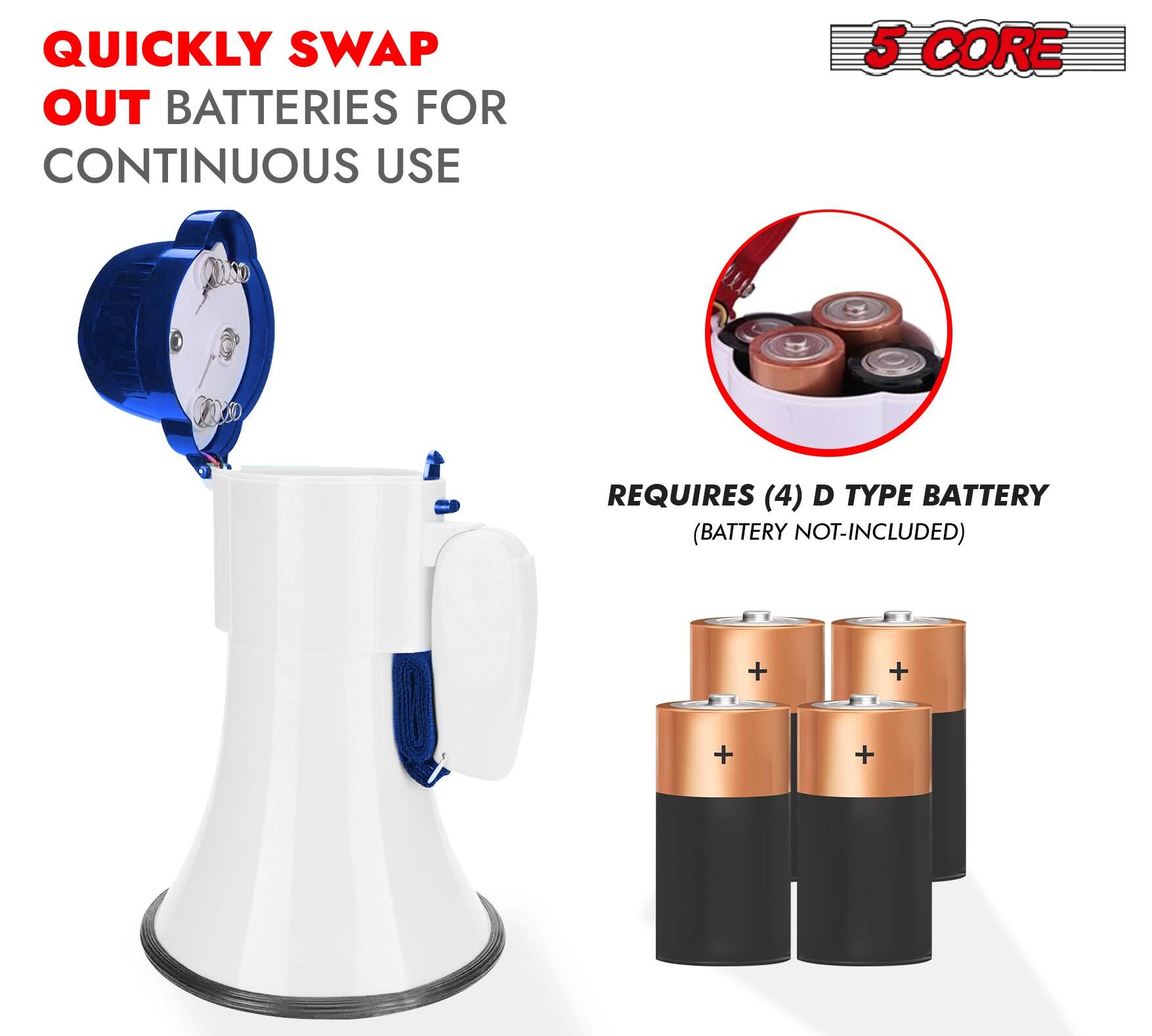 QUICKLY SWAP OUT BATTERIES FOR CONTINUOUS USE

5 CORE

REQUIRES (4) D TYPE BATTERY (BATTERY NOT INCLUDED)