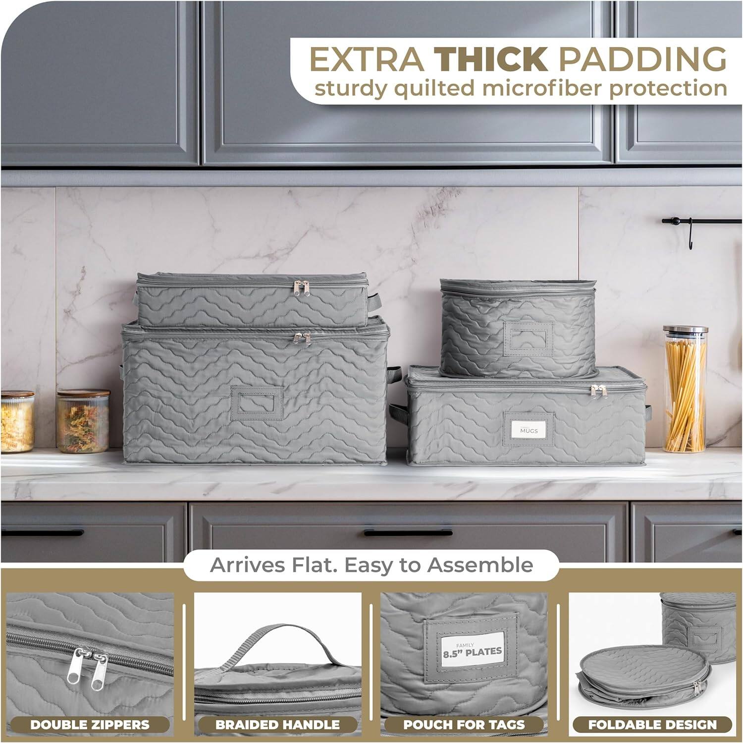 - EXTRA THICK PADDING
  - sturdy quilted microfiber protection

- Arrives Flat. Easy to Assemble

- DOUBLE ZIPPERS

- BRAIDED HANDLE

- POUCH FOR TAGS

- FOLDABLE DESIGN

- 8.5" PLATES