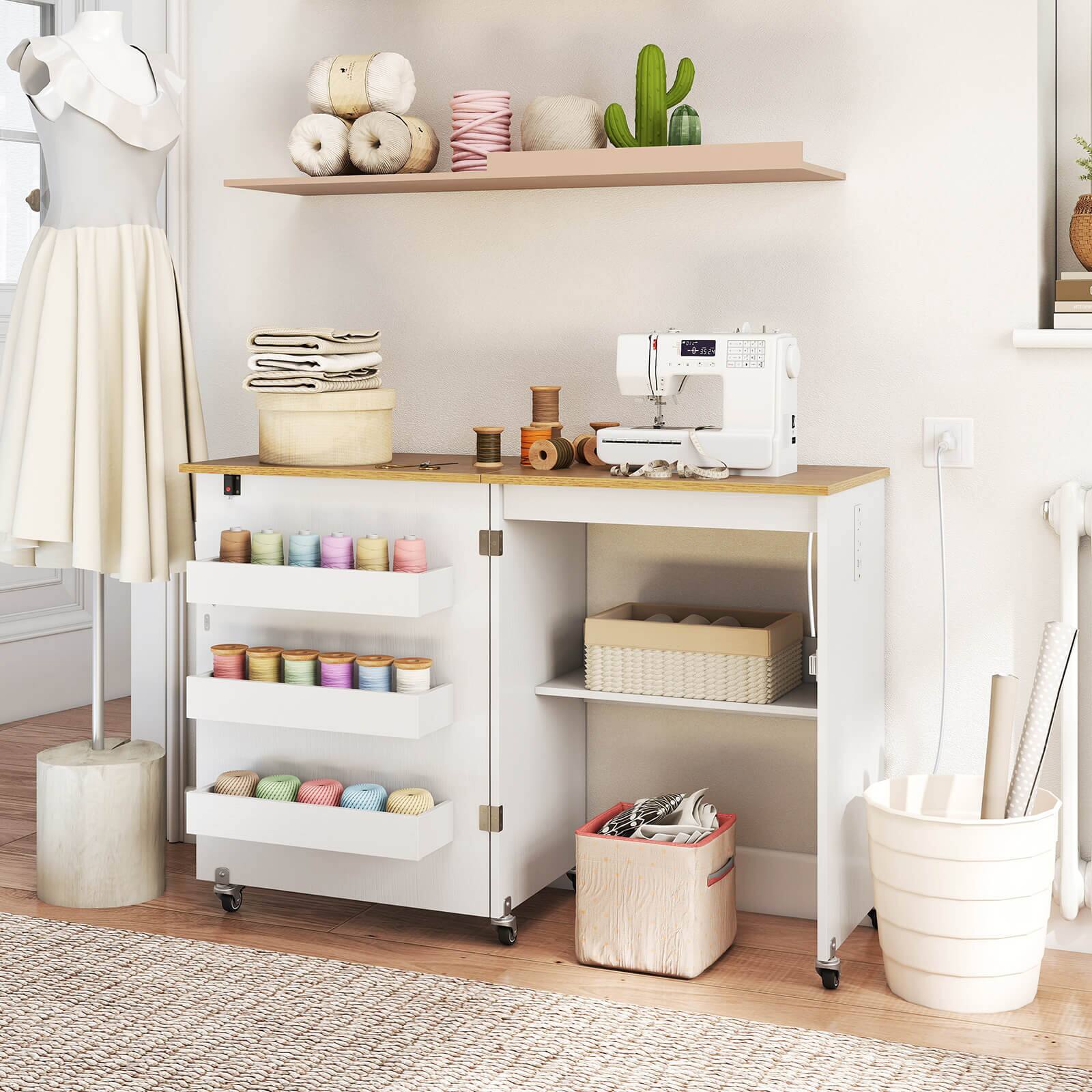 Alt View 1. Costway - Costway Folding Sewing Table Rolling Craft Station with 3 Storage Bins & Charging Station - White+Natural.