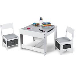 Gymax - 3 in 1 Kids Wood Table Chairs Set w/ Storage Box Blackboard Drawing Grey - Gray