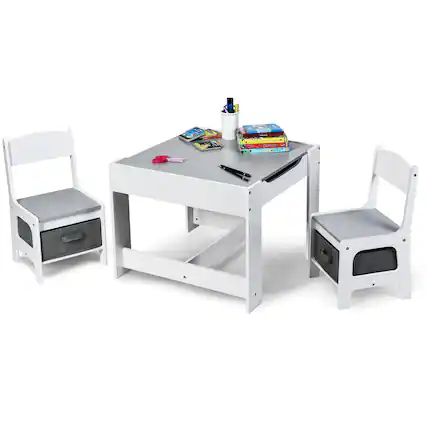 Front. Gymax - Gymax 3 in 1 Kids Wood Table Chairs Set w/ Storage Box Blackboard Drawing Grey - Grey.