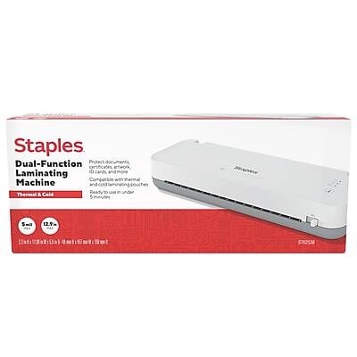 Staples Dual-Function Laminating Machine & Cold  
Protect documents, certificates, ID cards, and more  
Compatible with thermal machine and cold laminating pouches  
Ready to use in under 5 minutes  
Thermal & Cold  
12.9 le ST62538