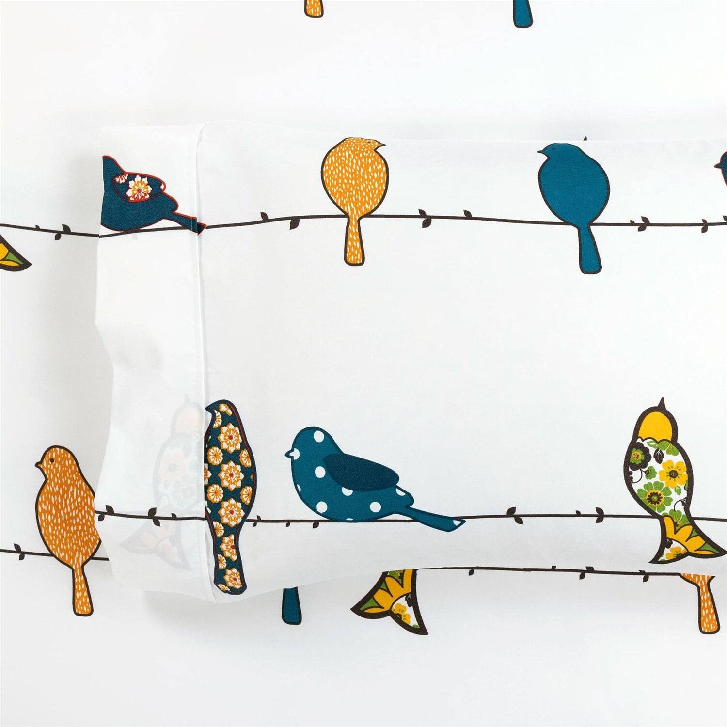 Alt View 1. Hivvago - Queen Teal Yellow White Floral Birds on Wire Soft Polyester 6 Piece Sheet Set - Teal, Yellow, White.