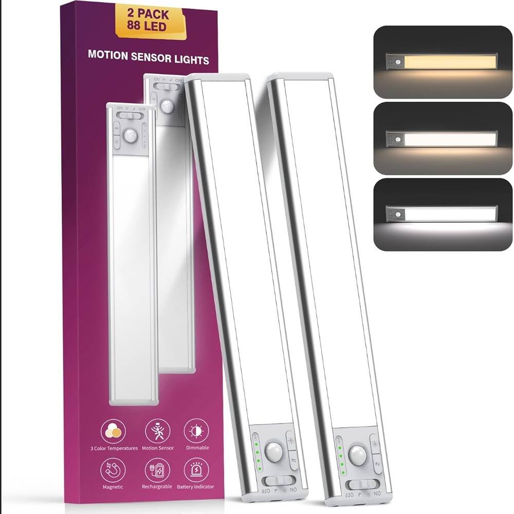 2 PACK 88 LED  
MOTION SENSOR LIGHTS  

- 3 Color Temperatures  
- Motion Sensor  
- Dimmable  
- Magnetic  
- Rechargeable  
- Battery indicator  

ON  
OFF  

ON  
OFF  

ON  
OFF