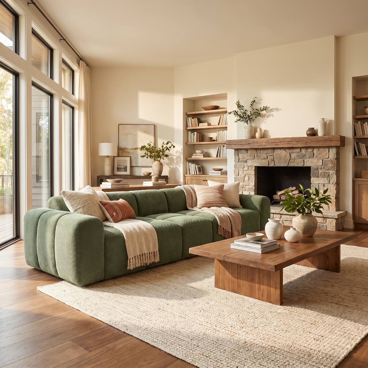 Front. Ropilly - Ropilly Extra Large Corduroy Sofa, Sofa in a Box, Green 3 Seater Upholstered Sofa with 2 Pillows - Green.