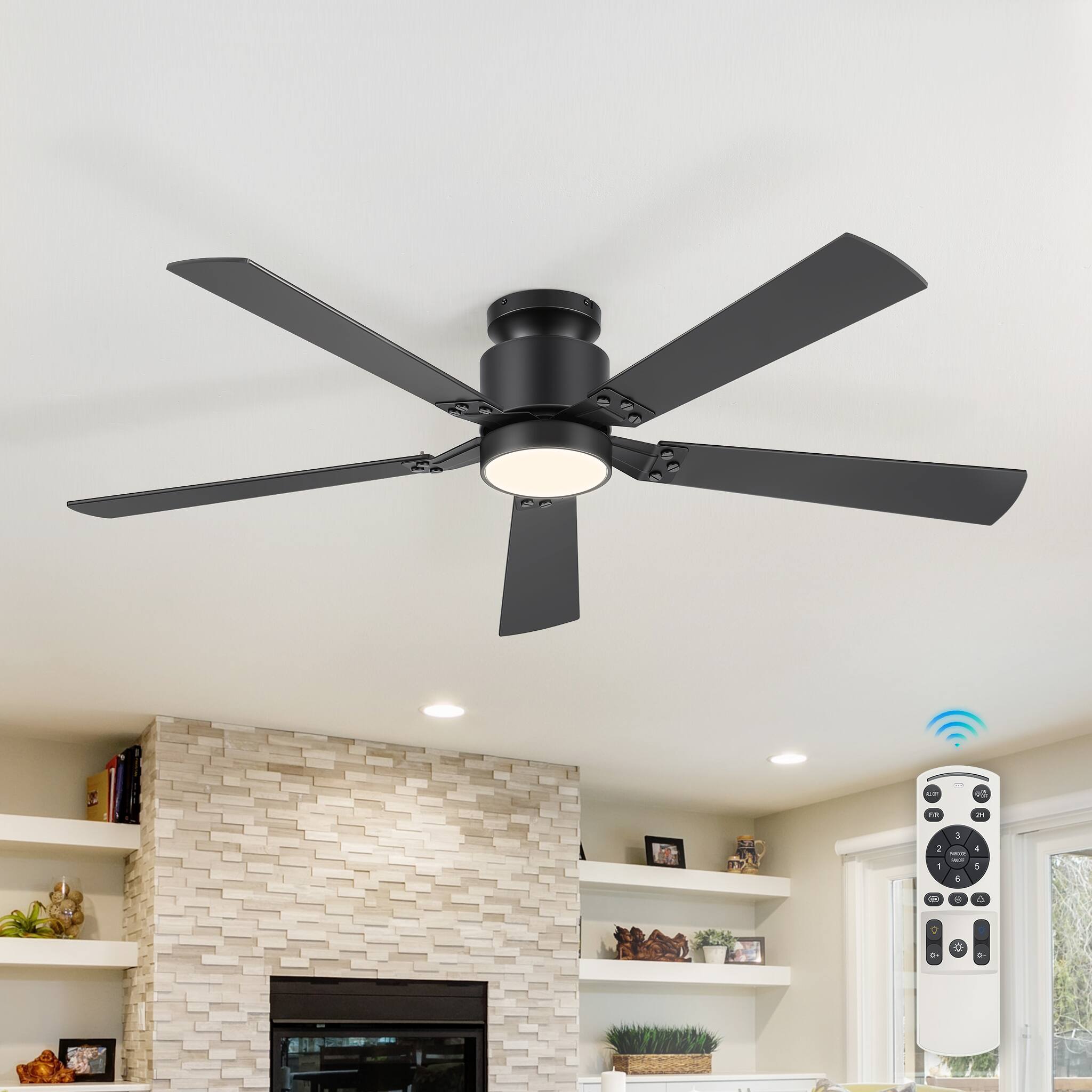 Left. Breezary - 52-Inch Modern Ceiling Fan with Acrylic Light Shade, RGB LED Light, 6-Speed Remote, Timer, Flush Mount - Black and Walnut.