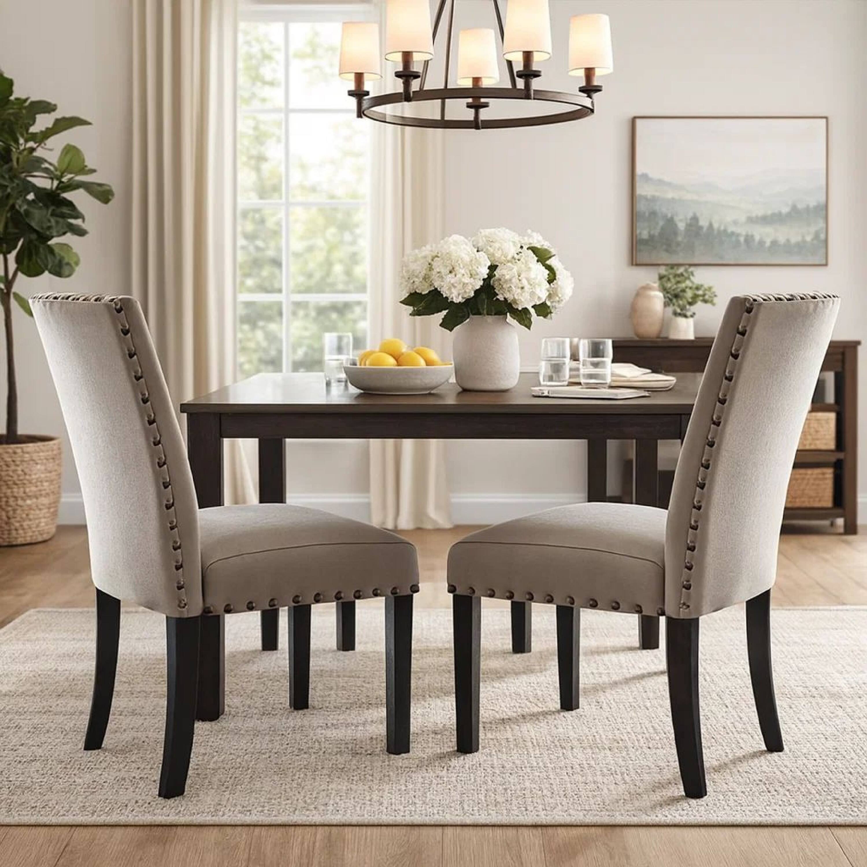 Alt View 5. Manhattan Lane - Nailhead Trim Fabric Upholstered Wooden Side Chair, Set of 2 - Beige and  Brown.