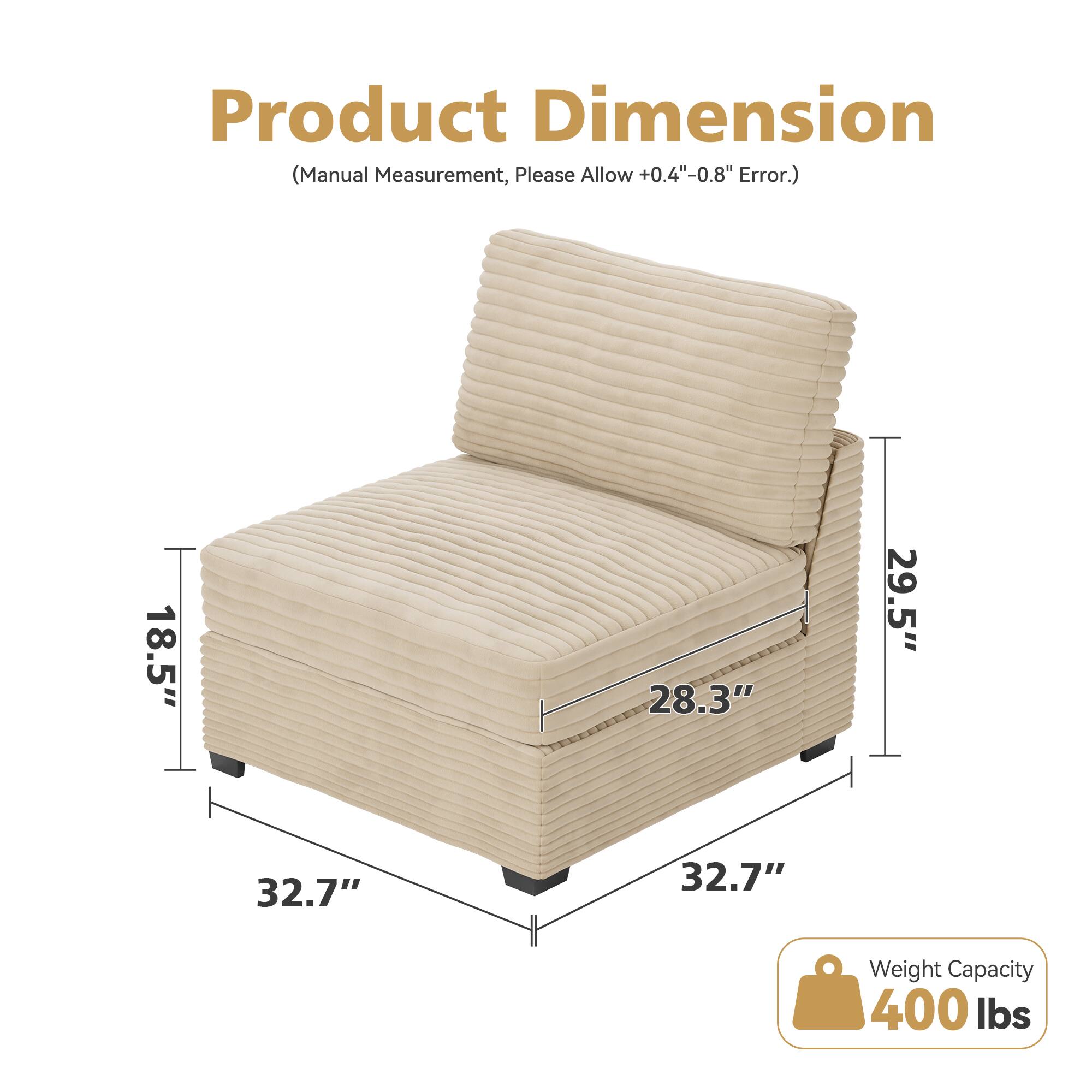 Product Dimension  
(Manual Measurement, Please Allow +0.4"-0.8" Error.)  

18.5"  
28.3"  
29.5"  
32.7"  
32.7"  

Weight Capacity: 400 lbs