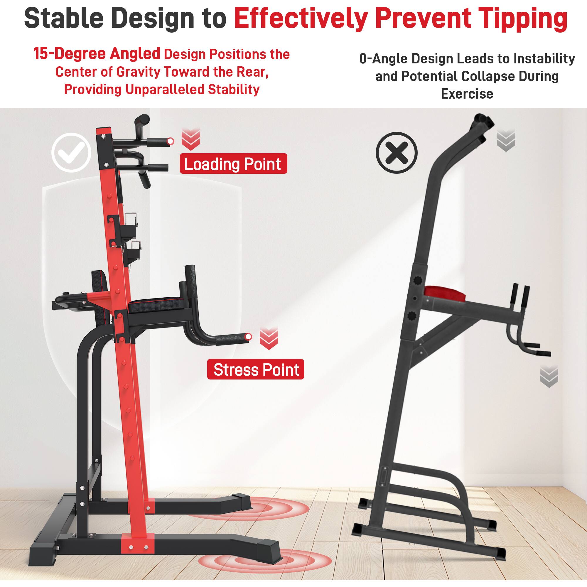 Stable Design to Effectively Prevent Tipping

15-Degree Angled Design Positions the Center of Gravity Toward the Rear, Providing Unparalleled Stability

0-Angle Design Leads to Instability and Potential Collapse During Exercise

Loading Point

Stress Point