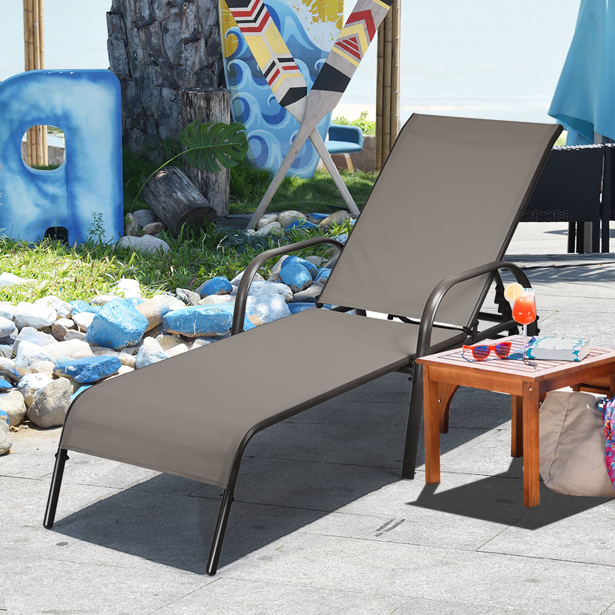 Alt View 3. Costway - Costway Outdoor Patio Lounge Chair Chaise Fabric Adjustable Reclining Armrest Pool - Brown.