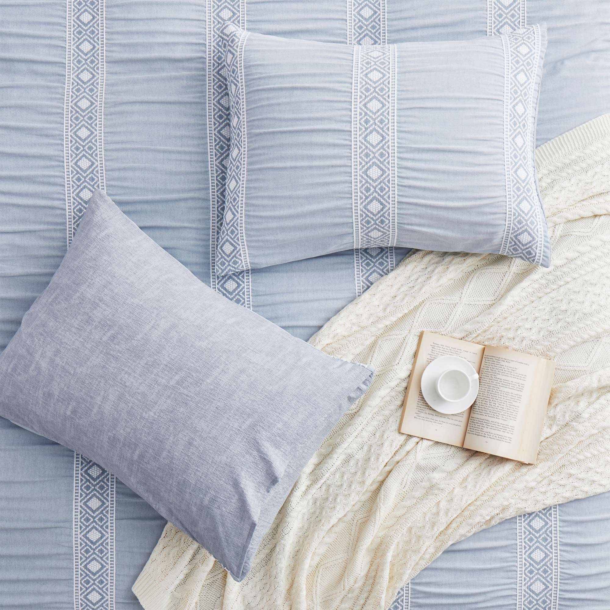 Back. Peace Nest - Peace Nest Textured Geometric Duvet Cover Set with Pillowcases for All Season, Blue, Full/Queen - Blue.