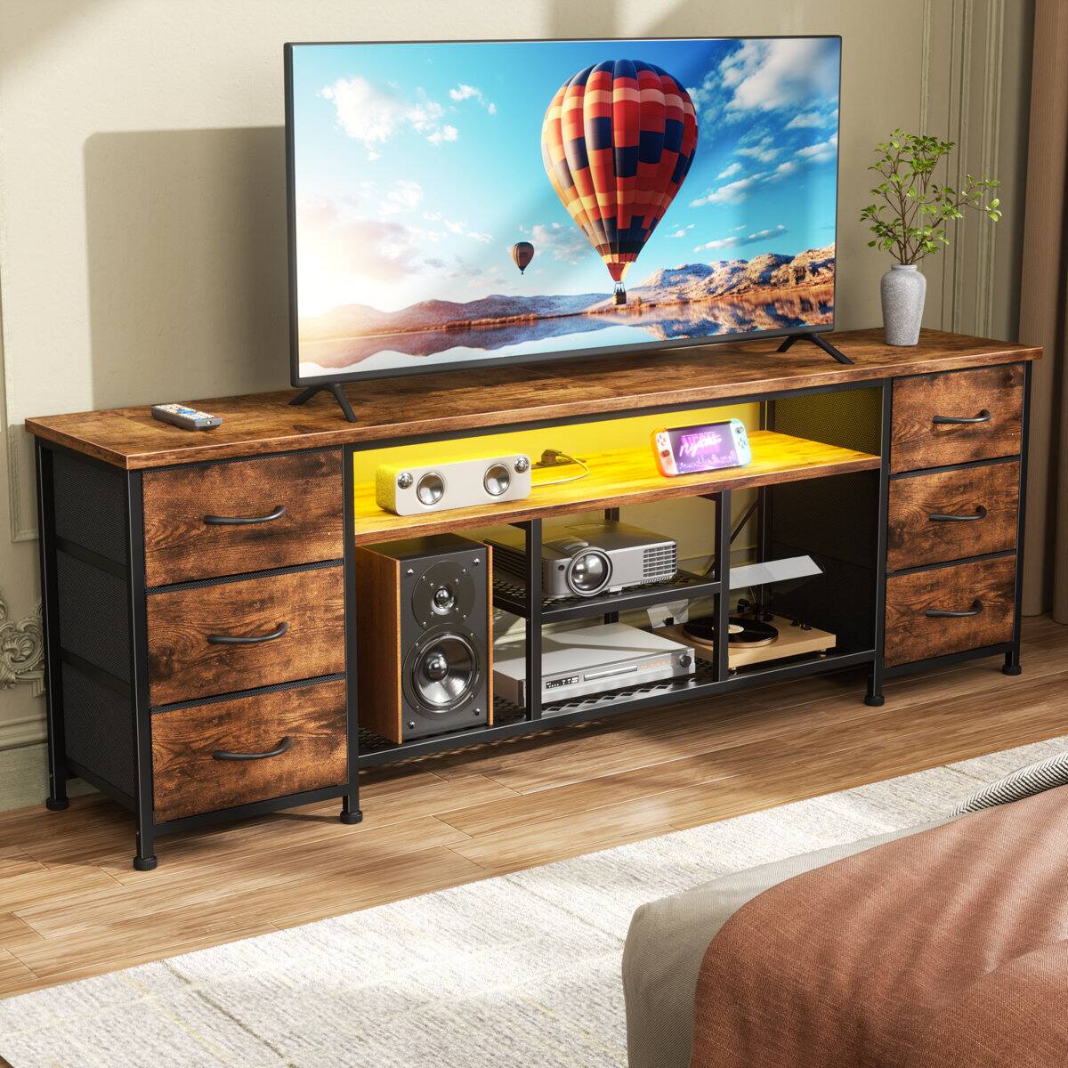 Left. Furnulem - 71 In Modern LED TV Stand with Power Outlets  6 Drawer Entertainment Center Media Console with Storage for Living Room - Brown.