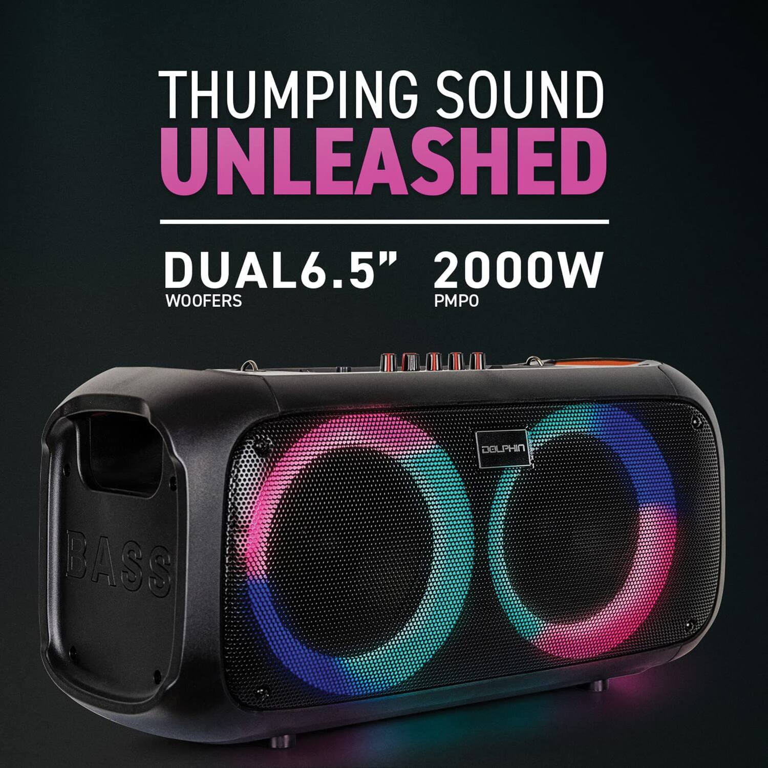 THUMPING SOUND UNLEASHED

DUAL 6.5" WOOFERS

2000W PMPO

DOLPHIN

BASS