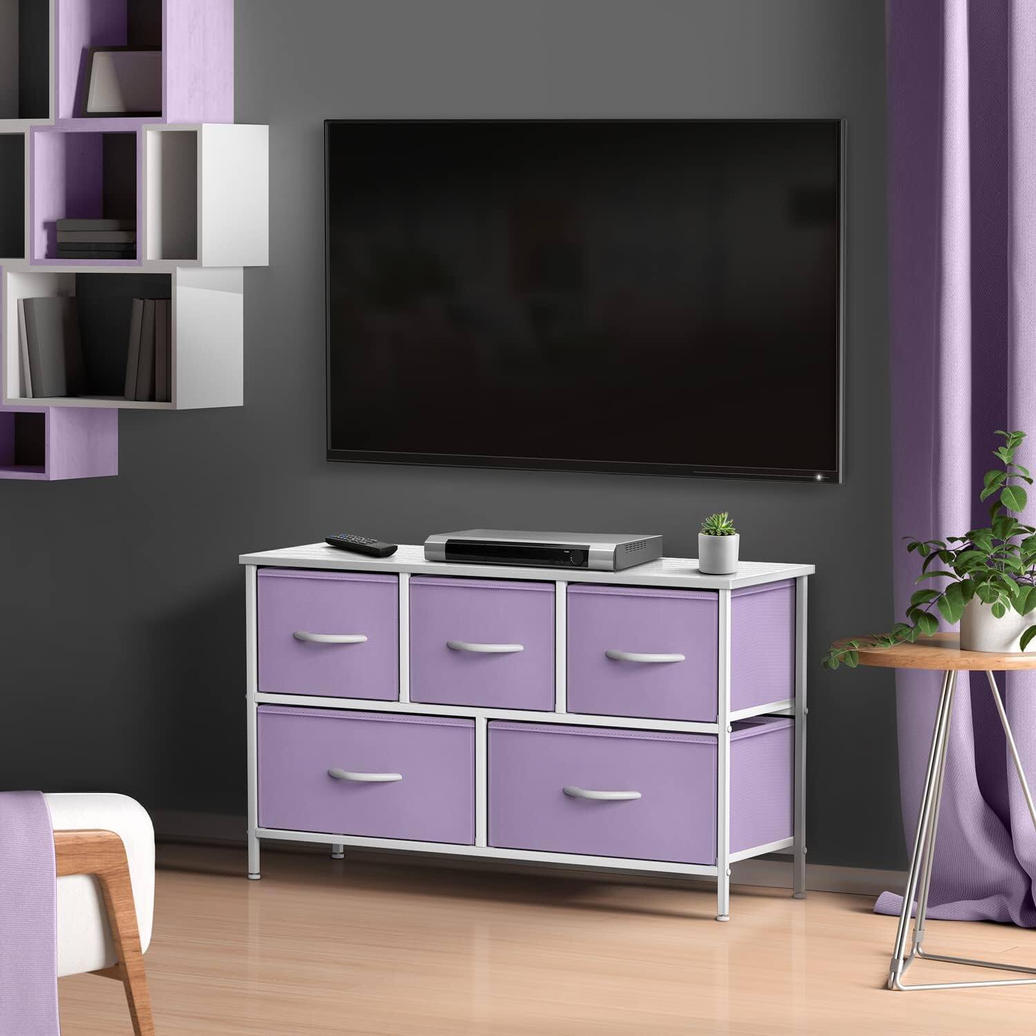 Angle. Sorbus - Sorbus Dresser with 5 Drawers - Storage Chest Organizer Unit with Steel Frame, Wood Top, Easy Pull Fabric Bins Bedroom - Purple.