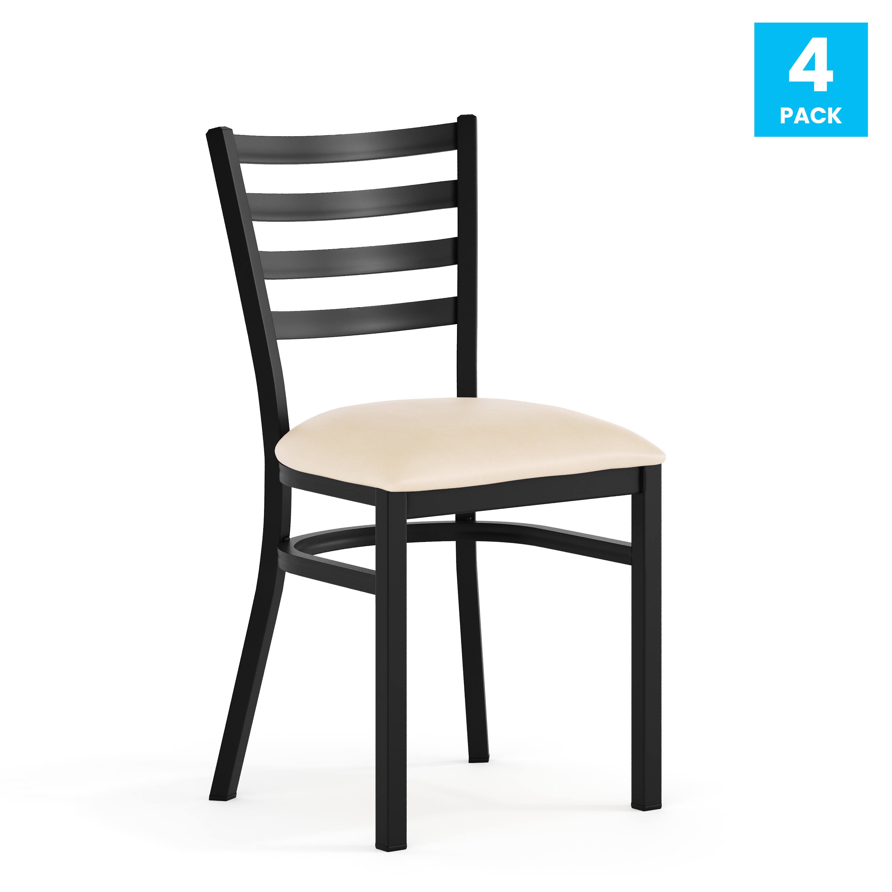 Alt View 1. Emma + Oliver - 4 Pack Ladder Back Metal Restaurant Chair - Upholstered Seat - Tan Vinyl Seat/Black Metal Frame.
