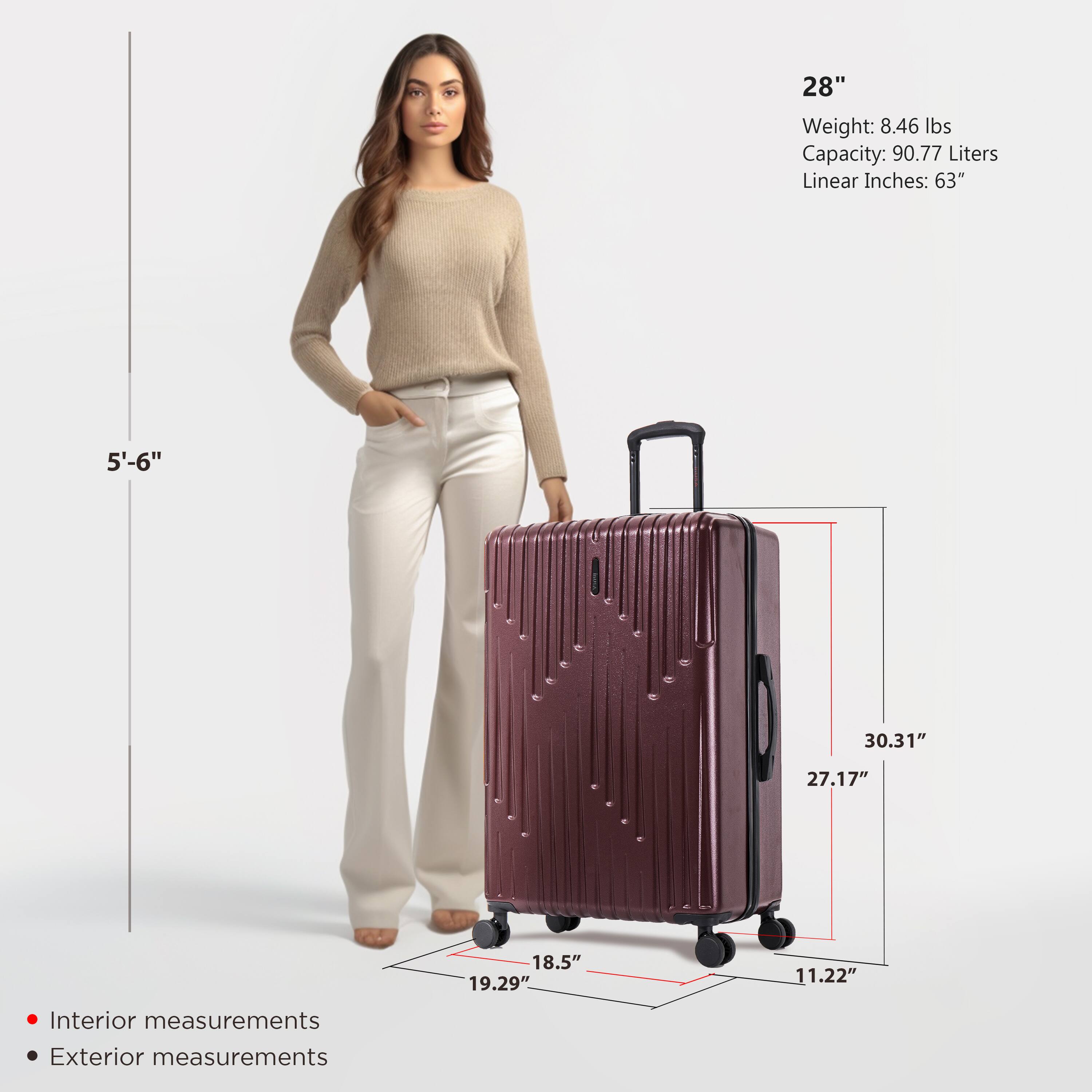 - **Size:** 28"
- **Weight:** 8.46 lbs
- **Capacity:** 90.77 Liters
- **Linear Inches:** 63"

**Interior Measurements:**
- 19.29" (Width)
- 11.22" (Height)
- 8.5" (Depth)

**Exterior Measurements:**
- 30.31" (Height)
- 27.17" (Width)
- 19.29" (Depth)

**Reference Height:** 5'-6"