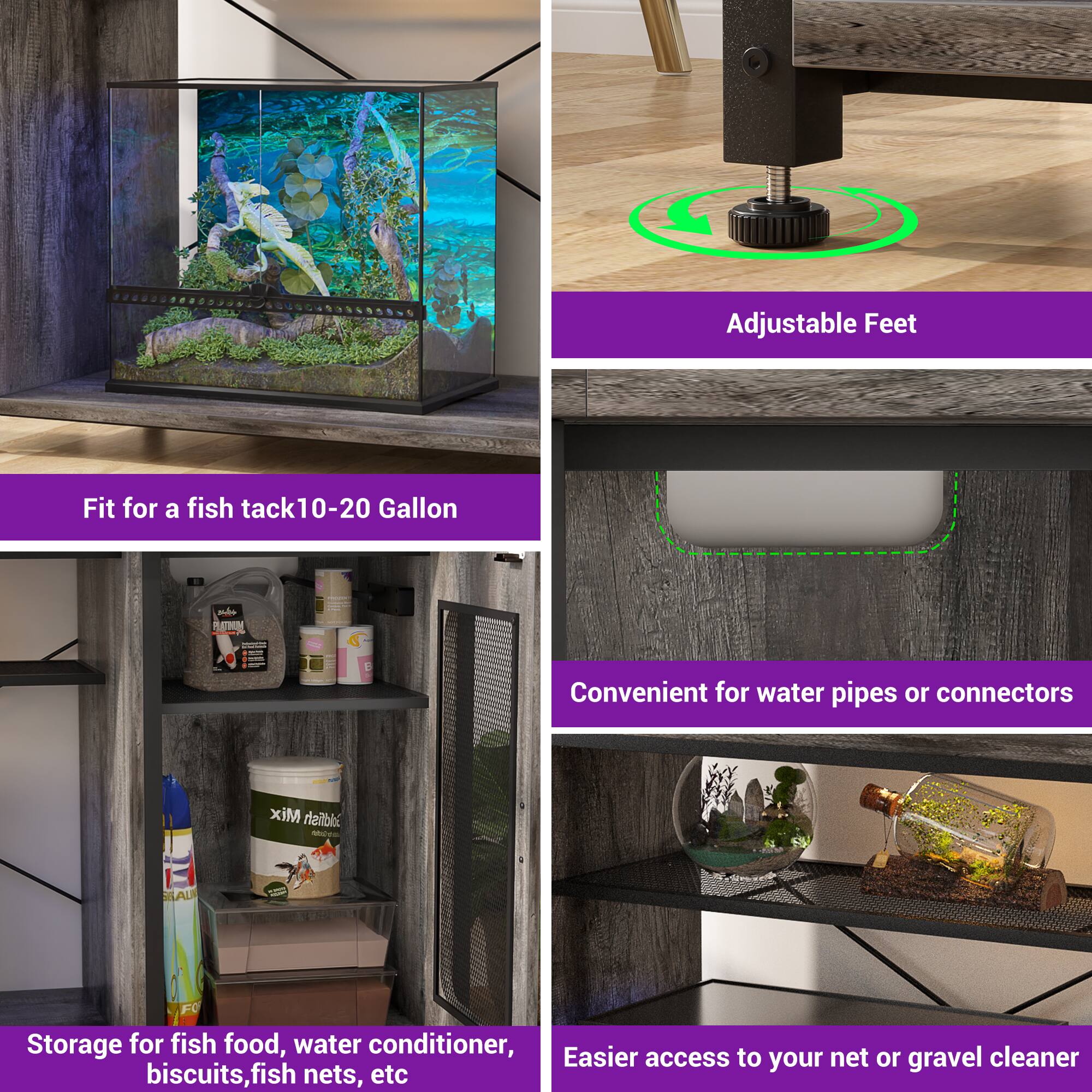 - Fit for a fish tank 10-20 Gallon
- Adjustable Feet
- Convenient for water pipes or connectors
- Storage for fish food, water conditioner, biscuits, fish nets, etc
- Easier access to your net or gravel cleaner