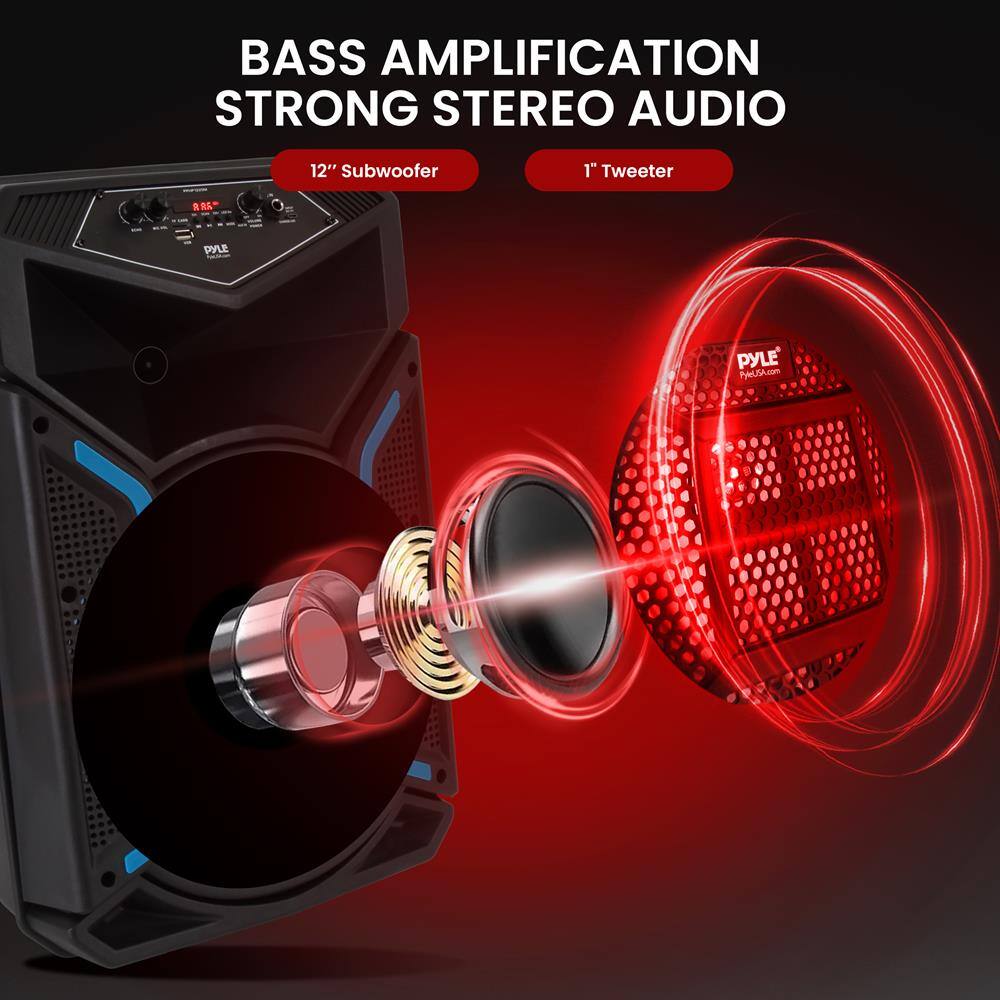 BASS AMPLIFICATION  
STRONG STEREO AUDIO  

12" Subwoofer  
1" Tweeter  

PYLE  
PYLE.com