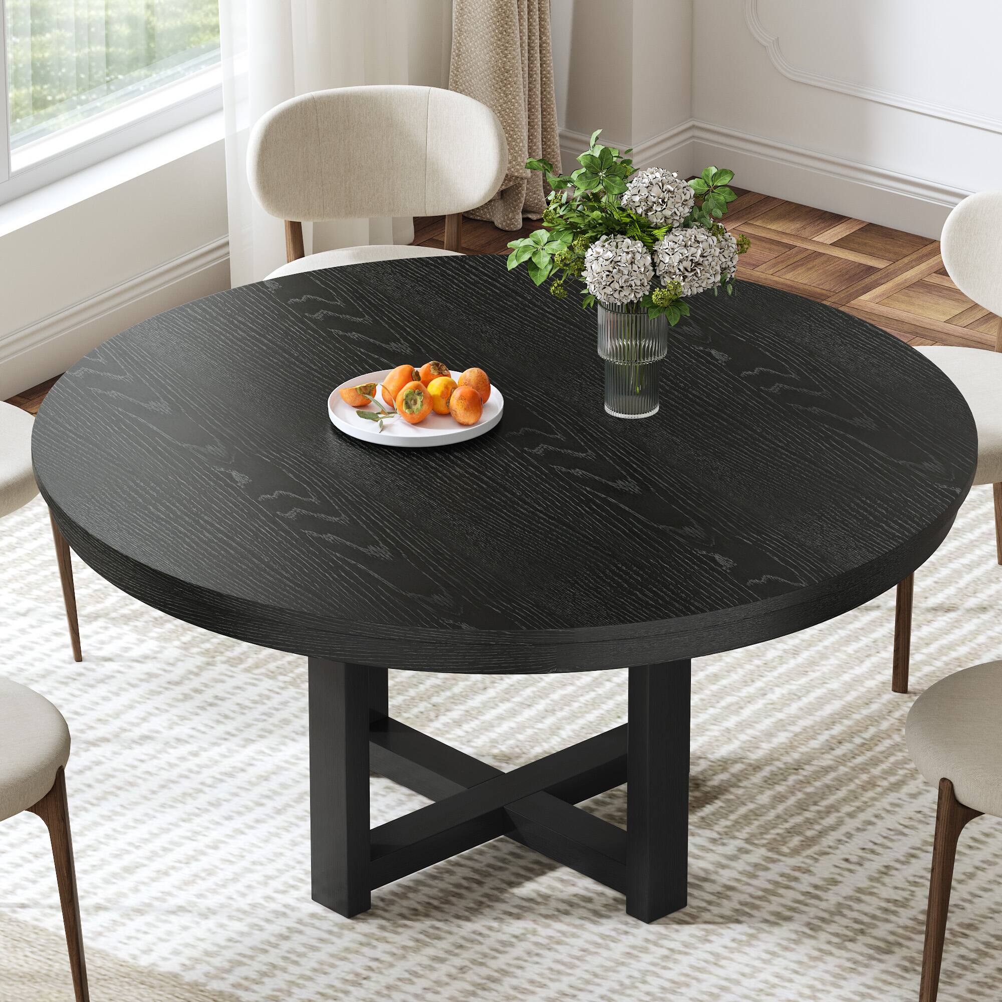 Left. Lirago - 52" Solid Wood Round Dining Table with Double Pedestal Large Kitchen Table Seats 6 for Dining Room - Black.